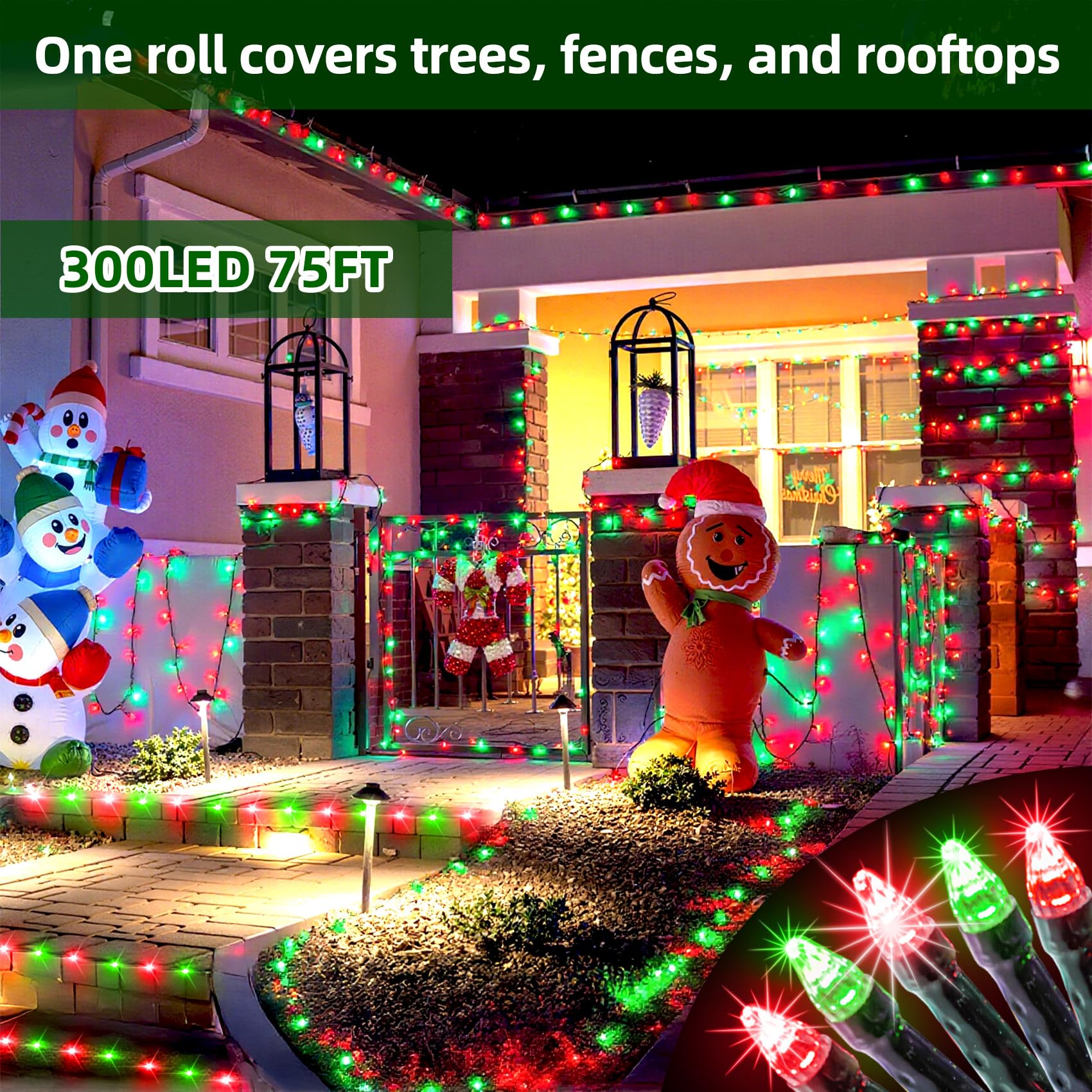 300Led Christmas Lights Outdoor Indoor Use  12 Lighting Modes 75Ft Christmas Tree Lights With Timer  Dimmable Red & Green Led Stringlights Waterproof For Yard Tree Wedding Party Holiday Red & Green