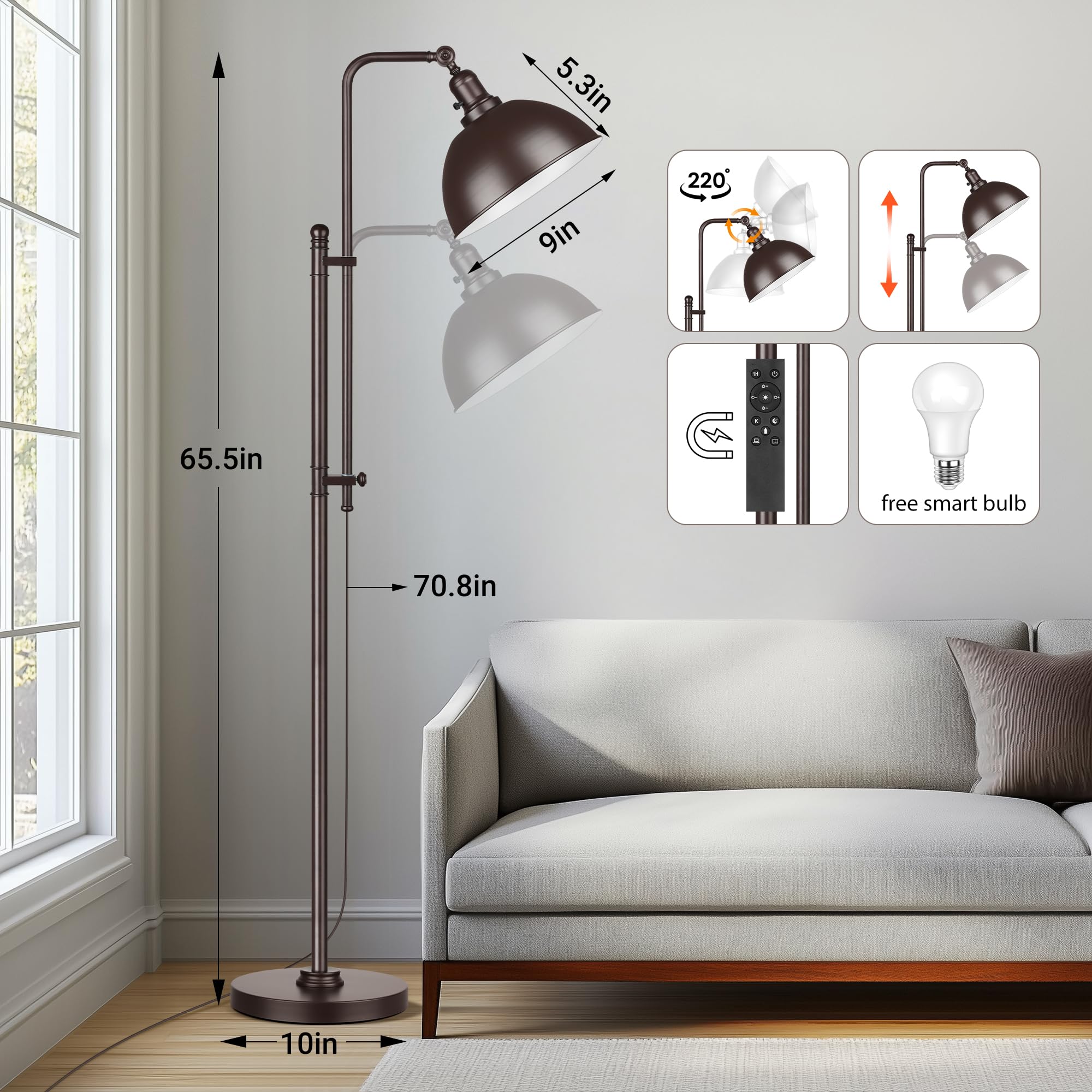 Partphoner Industrial Floor Lamp Adjustable, Rustic Farmhouse Reading Lamp In Aged Brown Finish Modern Standing Lamp With Remote