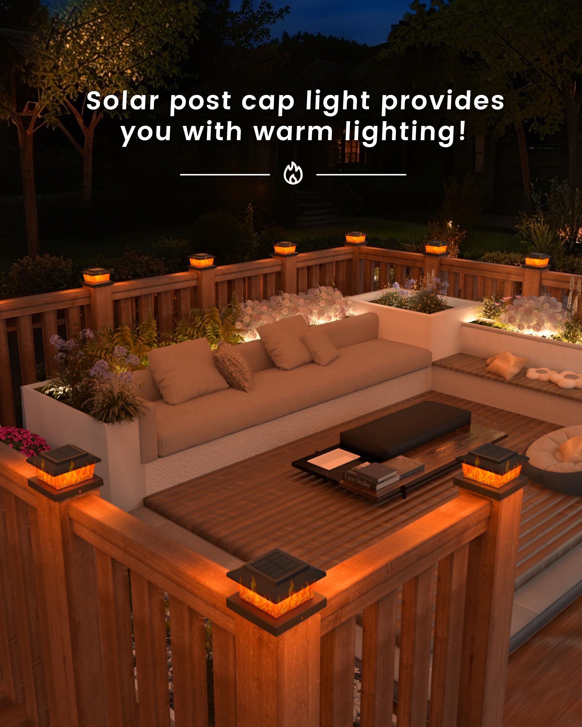VOLISUN Solar Fence Post Cap Lights 6 Pack, Black Waterproof Flickering Flame SMD LED for 4x4/5x5 Posts, Model 21642ZM
