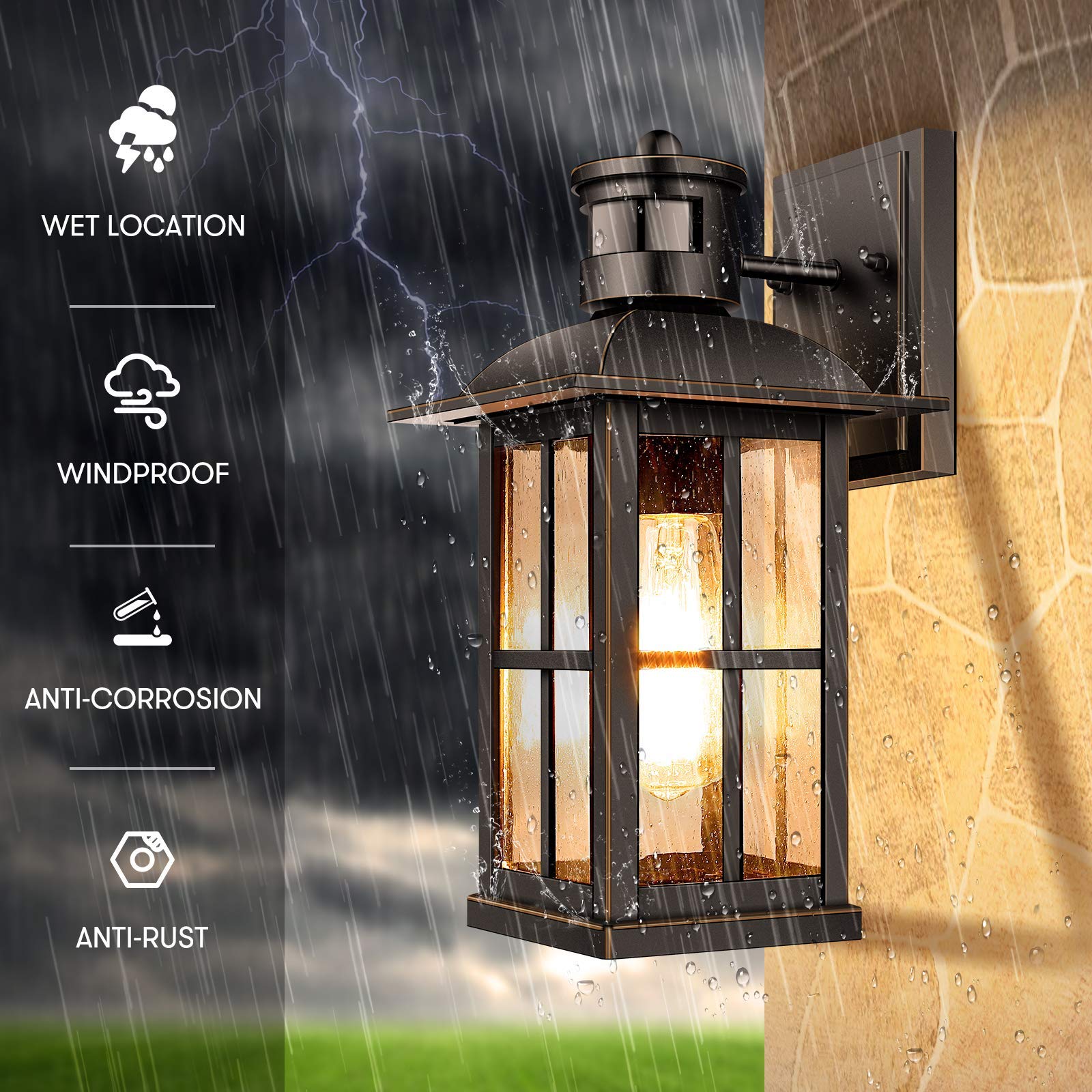 VerRon Motion Sensor Outdoor Light - Waterproof Aluminum Wall Sconce, Black, Model A0728, Dusk to Dawn, 1 Pack