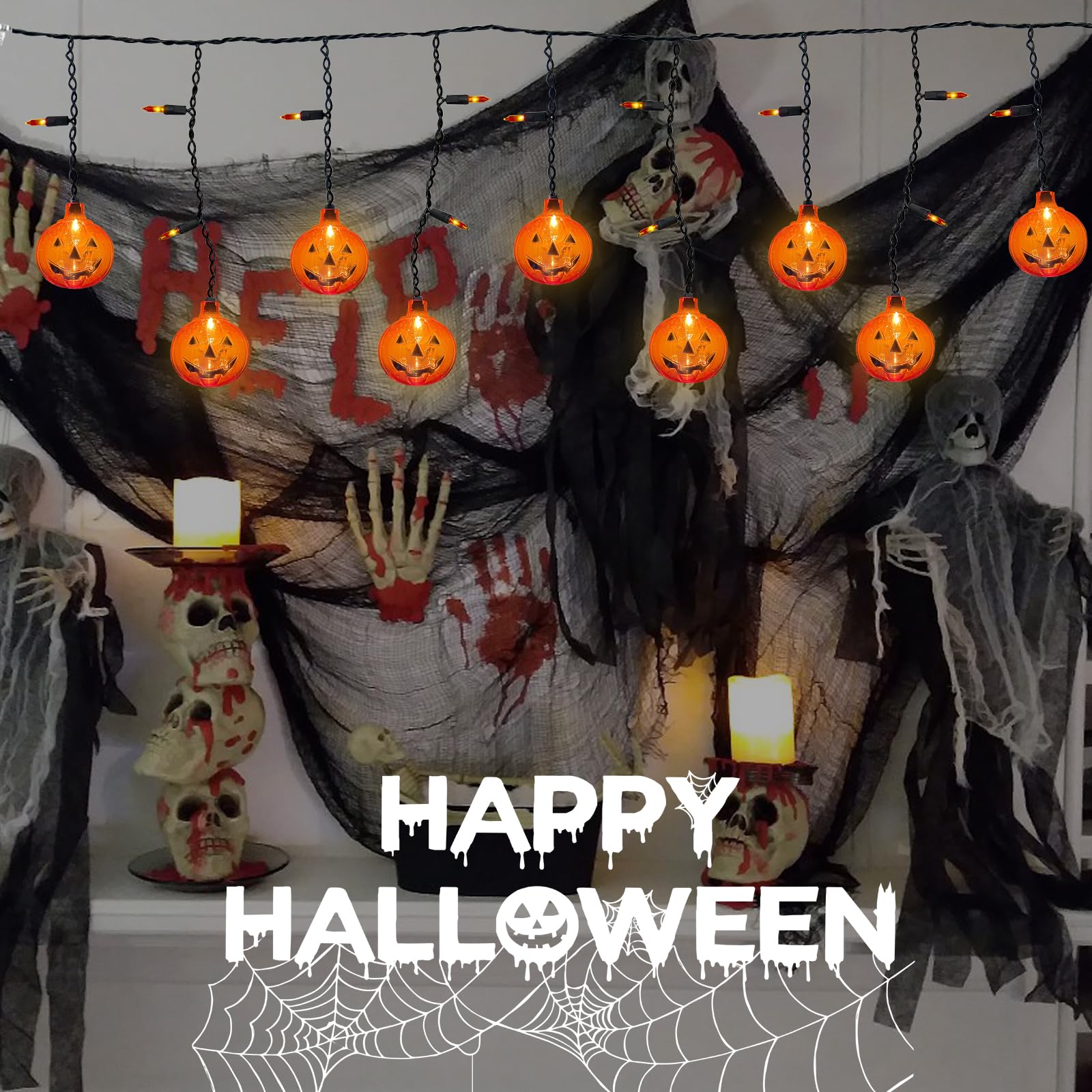 GOOTHY Halloween Pumpkin Icicle Lights, 7Ft String Lights with 10 Pumpkin & 15 Mini Orange Bulbs, Plastic, Indoor Outdoor Decor