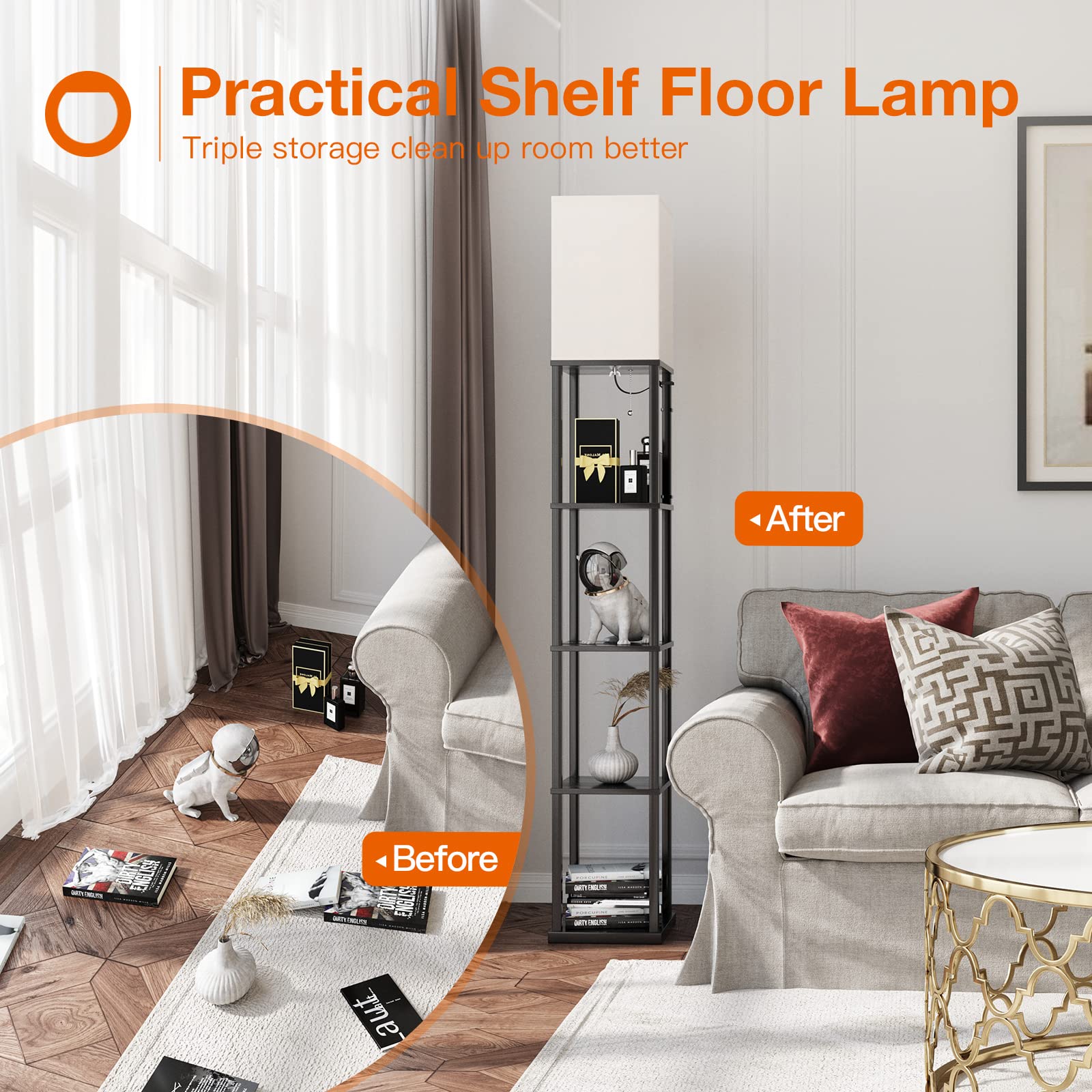 addlon Floor Lamp with Shelves, 70''H Black Modern Aluminum Design, Model A130109912, Includes 3CCT LED Bulb