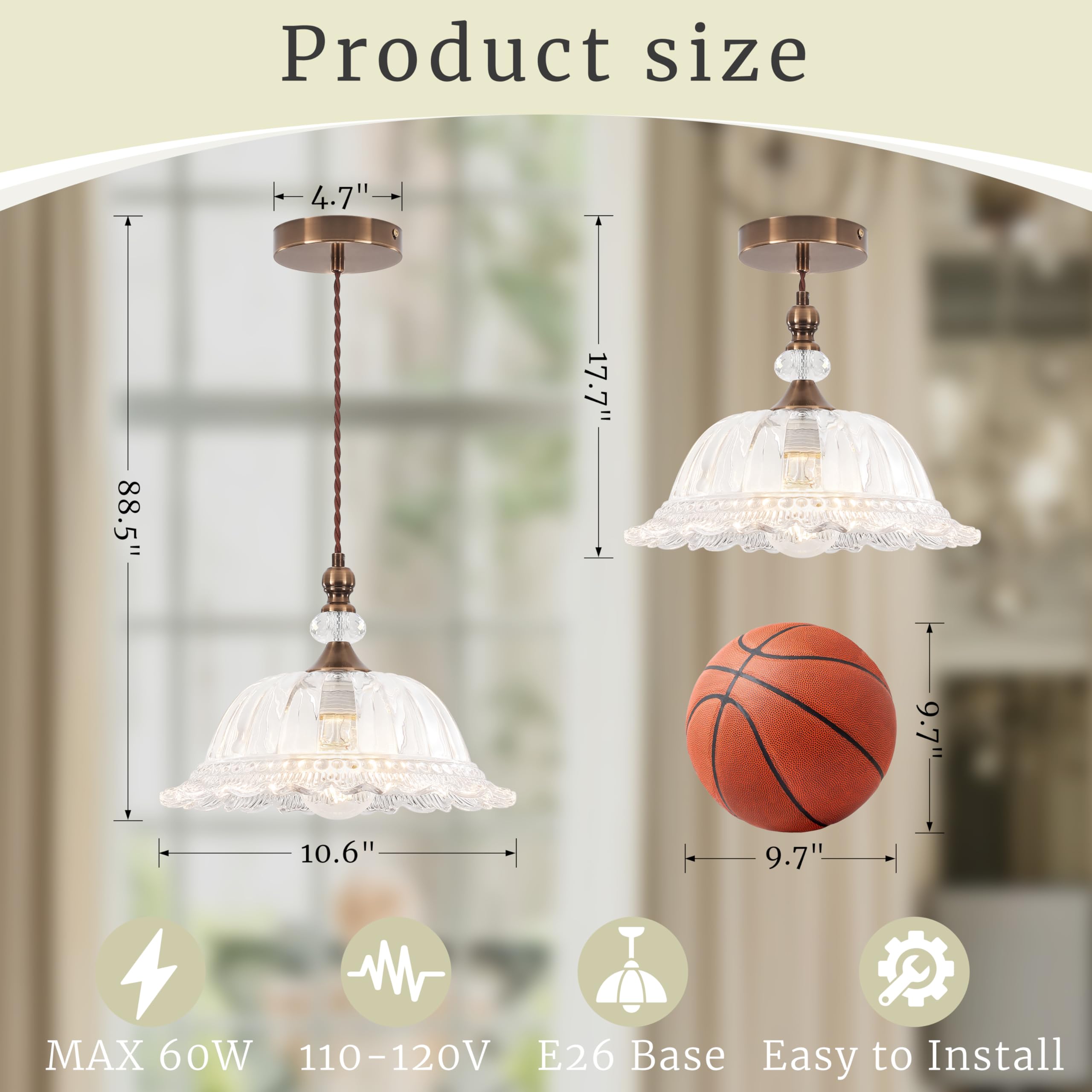Cwarmozy Vintage Pendant Light Fixtures For Kitchen Island Brass Gold 10.6'' Glass Small Pendant Lights Adjustable Hanging Light