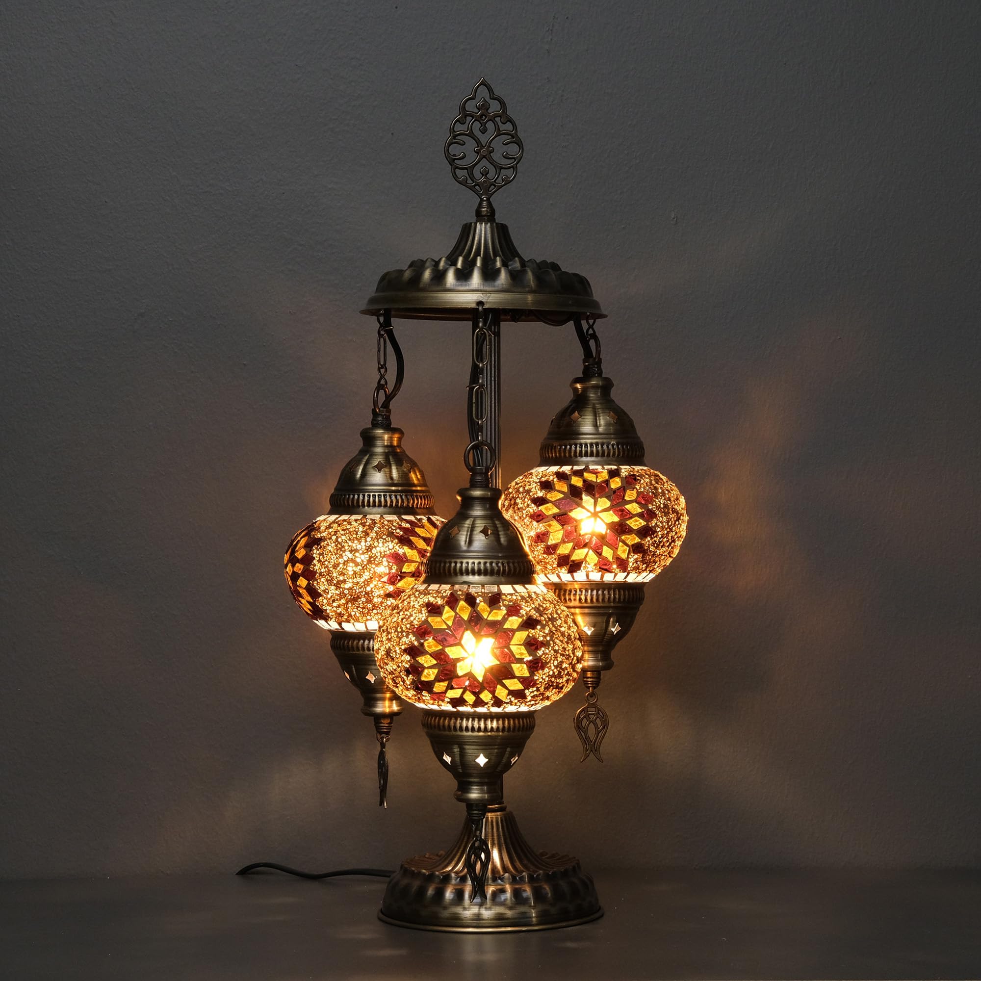 Asylove Turkish Mosaic Table Lamp, 3 Globe, 12x12x24 inch, Brown, Model 3GlobeAPNo2, Glass Material, Living Room/Office Decor