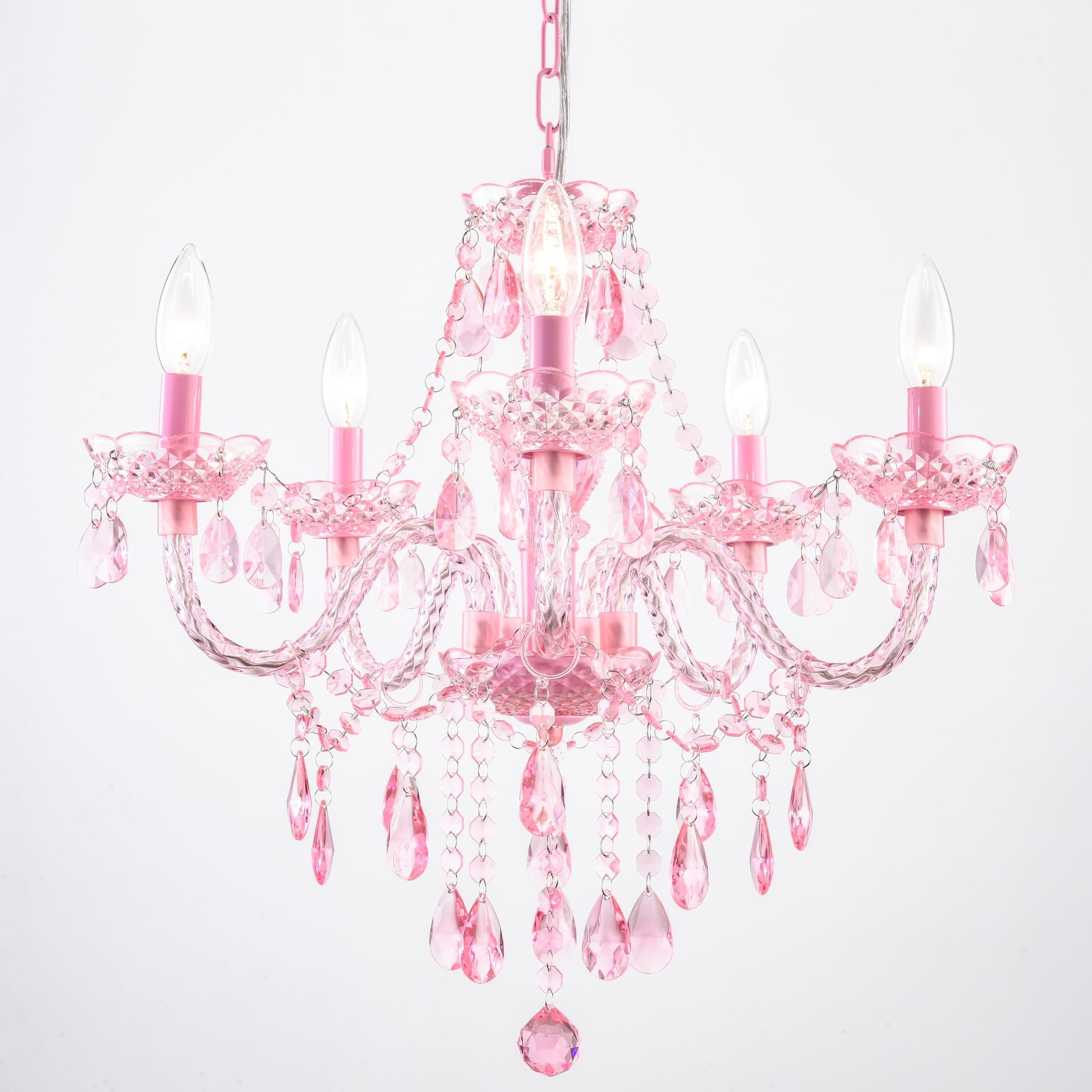 PAPAYA Pink Crystal Chandelier Pendant Light with 5 Lights, Clear Cord & Switch, H19" D19.7" for Kitchen, Dining, Girls' Room
