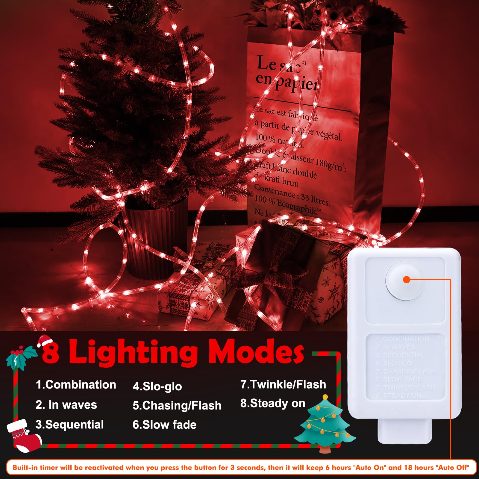 Jnaurb 200ft LED Rope Lights - Waterproof, 1440 LEDs, Flexible Tube, 8 Modes, Red, Indoor/Outdoor Decoration