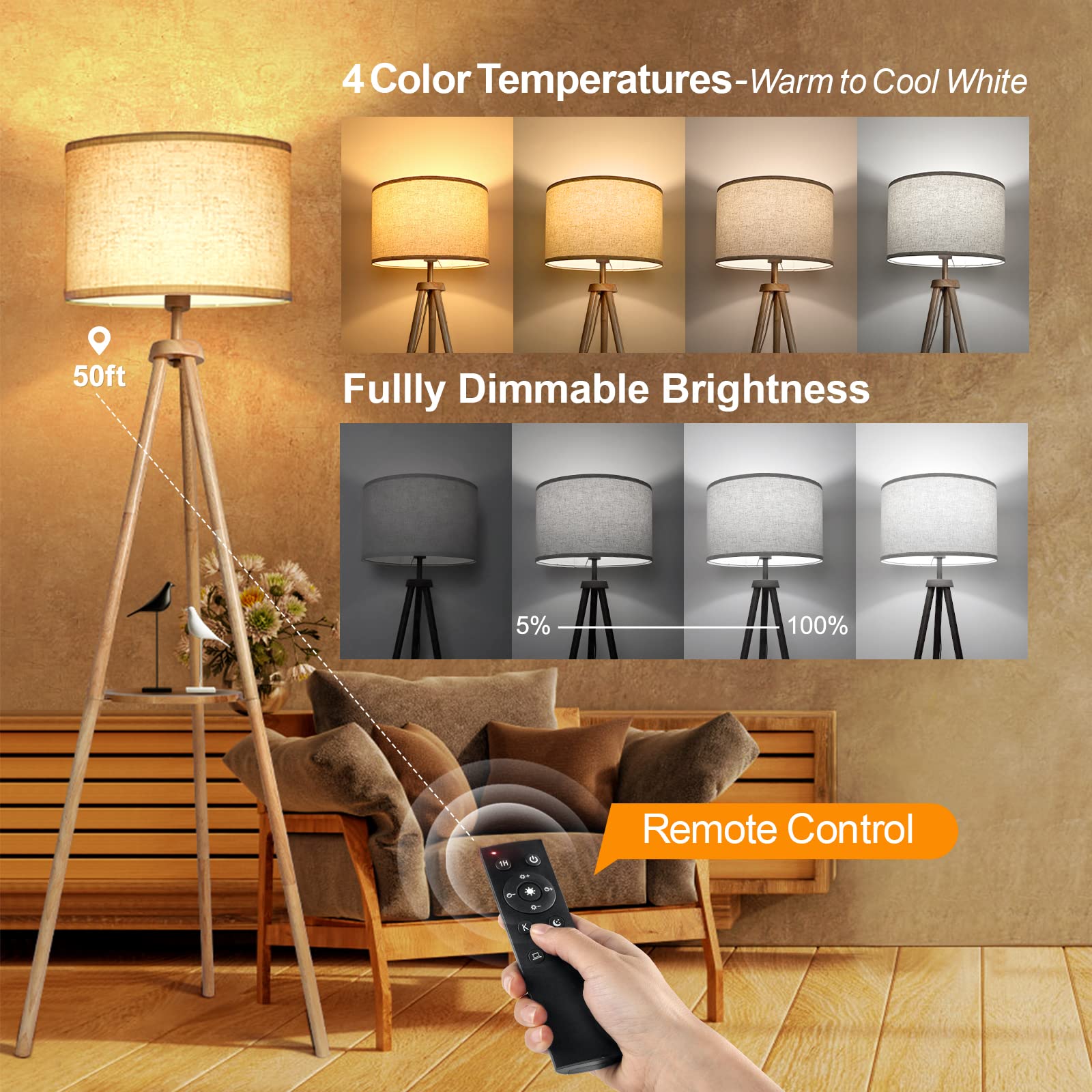 OUTON Wood Tripod Floor Lamp, Mid Century, LED Dimmable, Remote Control, Beige Linen Shade, Model FL09