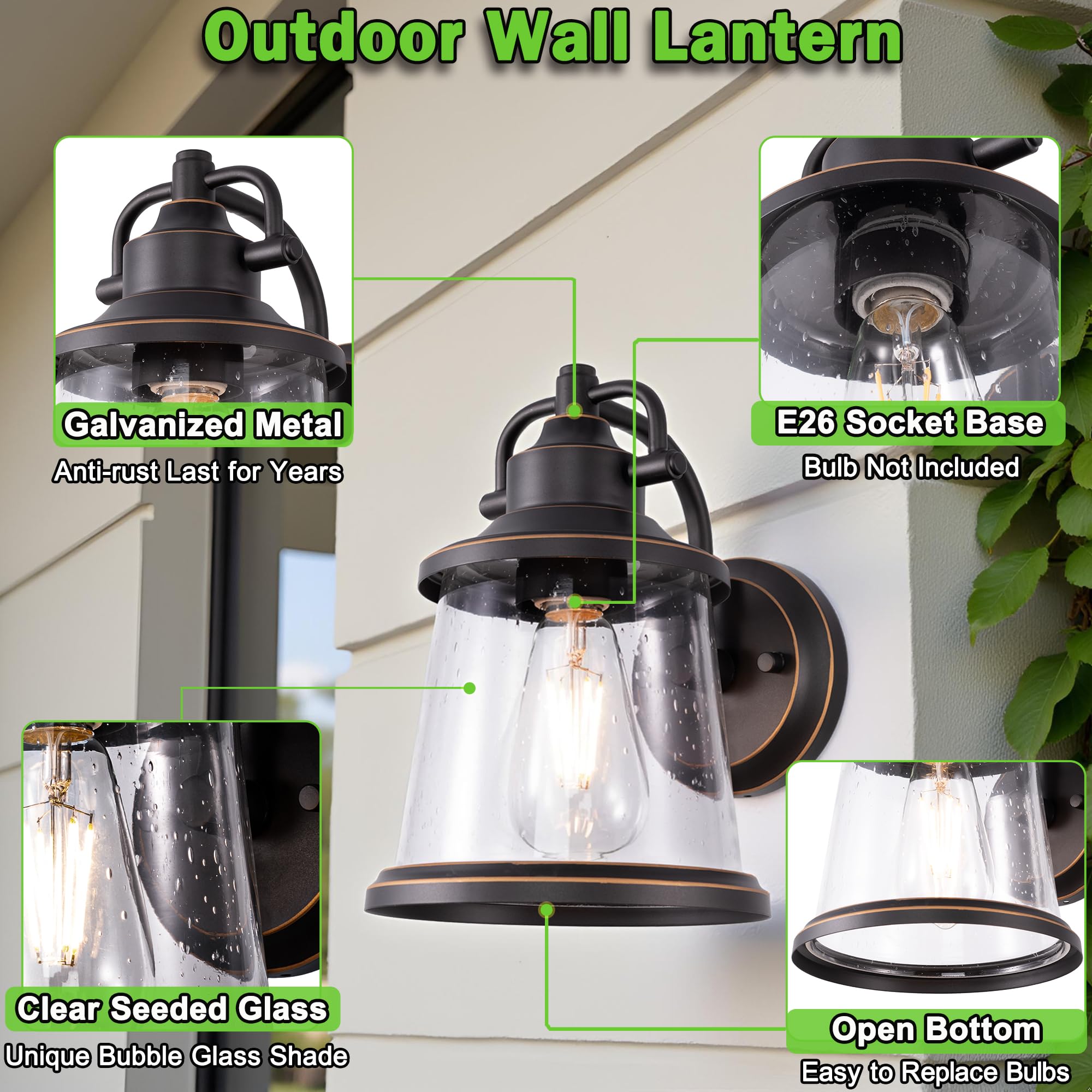 GRUENLICH Outdoor Wall Lantern, Wall Sconce as Porch Lighting Fixture, E26 Medium Base, Metal Housing Plus Seeded Glass, Oil Rub