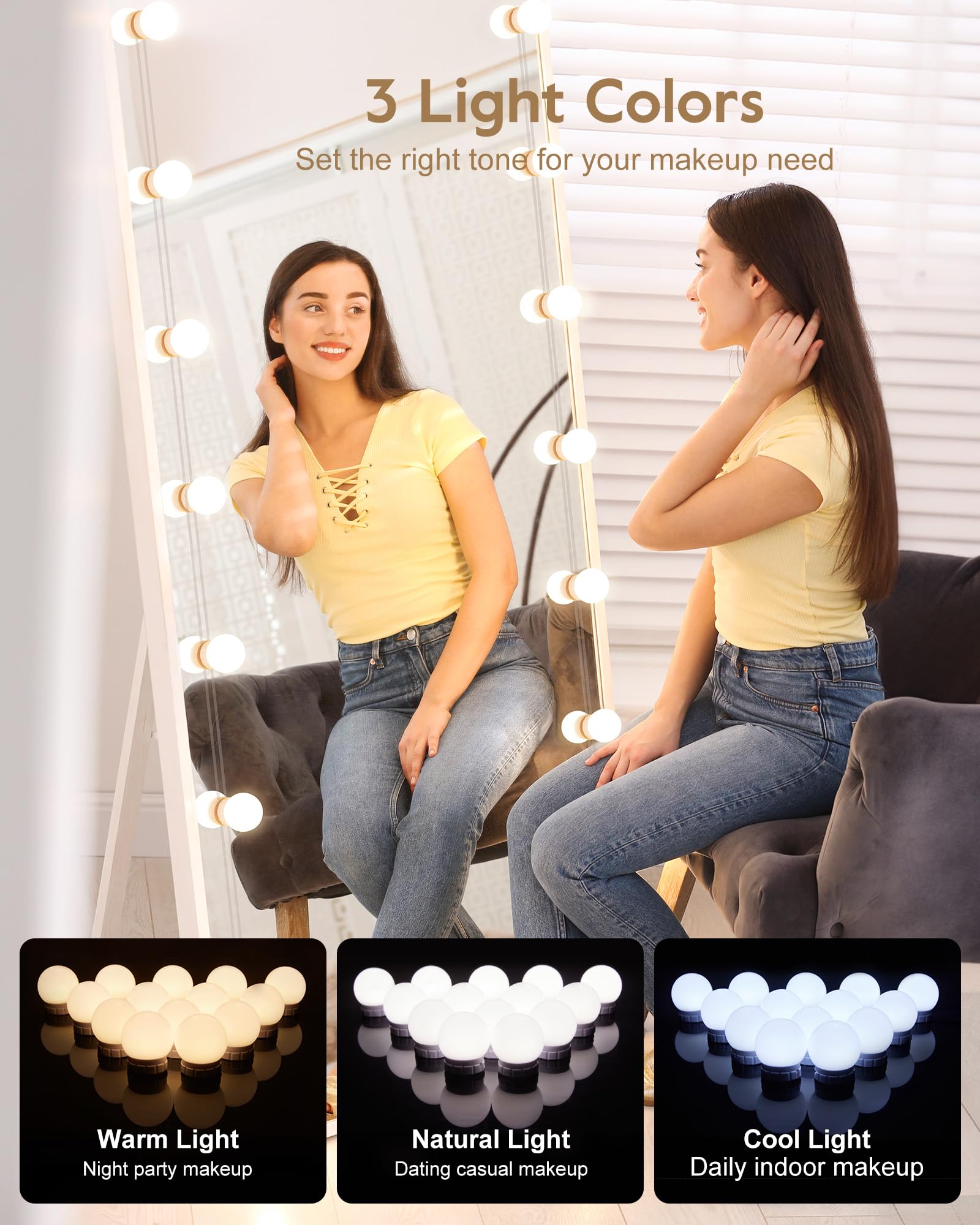 Brightown 14 Bulb Dimmable Hollywood Makeup Mirror Lights, 22Ft Adjustable Vanity Lighting, ABS Material, 3 Colors, Model BT
