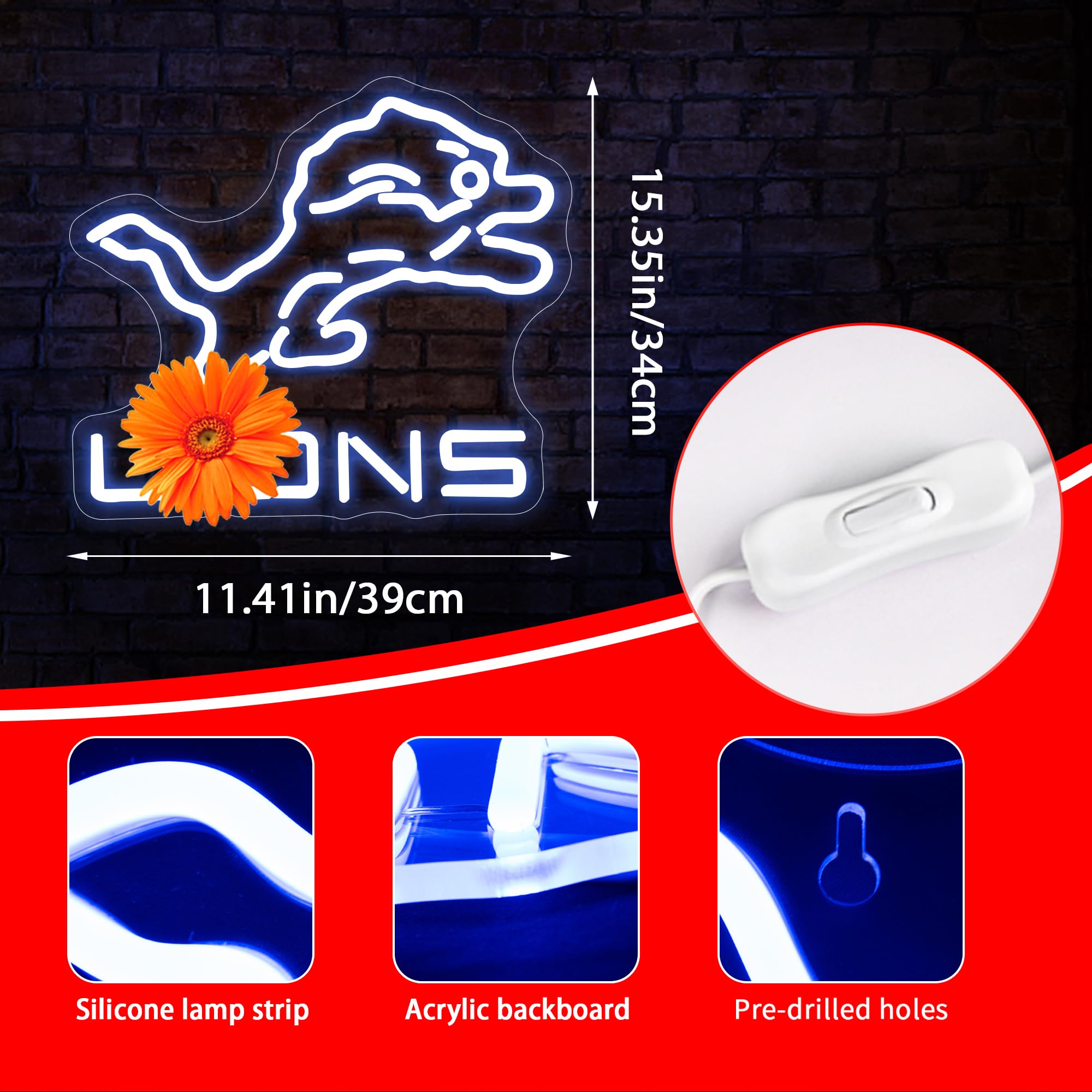 Ftmggdg Lions Neon Football Sign - Led Sports Decor Light For Man Cave, Bedroom, Club, 14.6X12.