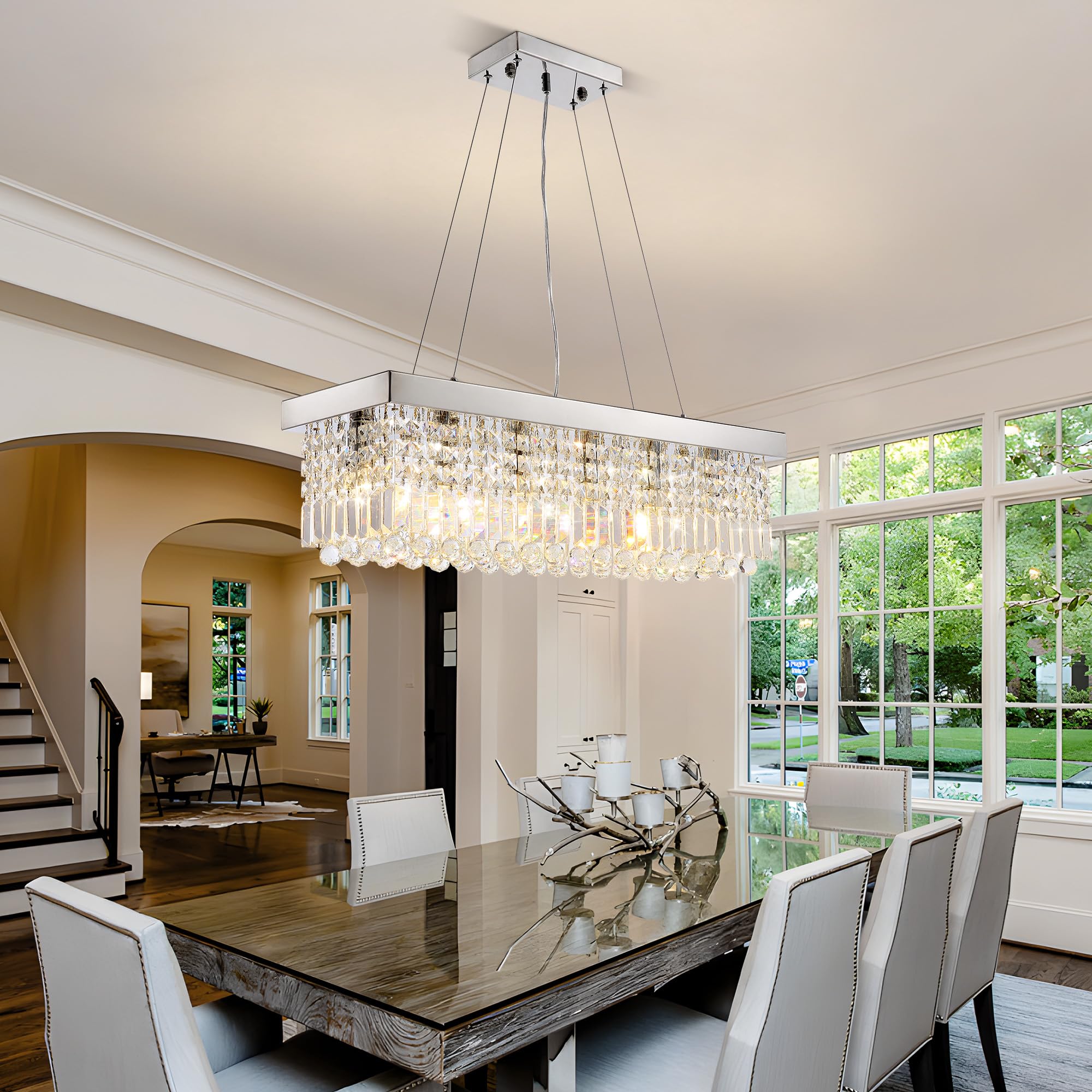 Tinkoso 6-Light Crystal Chandelier - Modern Farmhouse Pendant Light, Stainless Steel, Chrome, L31.5" x W10" x H10", Model LH-00208