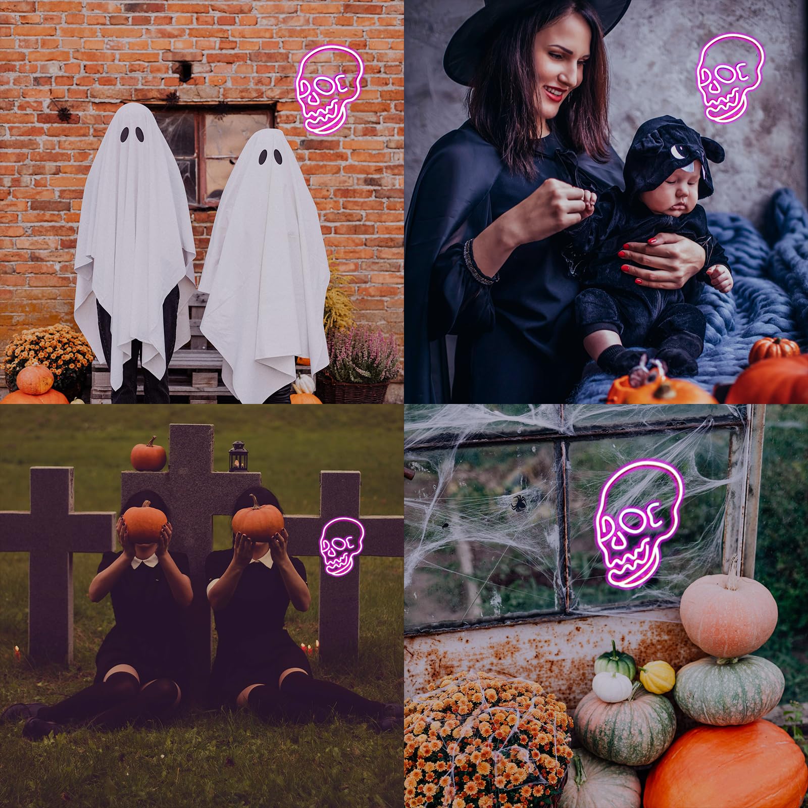 Wanxing Halloween Neon Sign Pink Led Sign Skeleton Skull Neon Light Ghost Led Neon Sign USB Powered Switch Light up Sign Neon Si