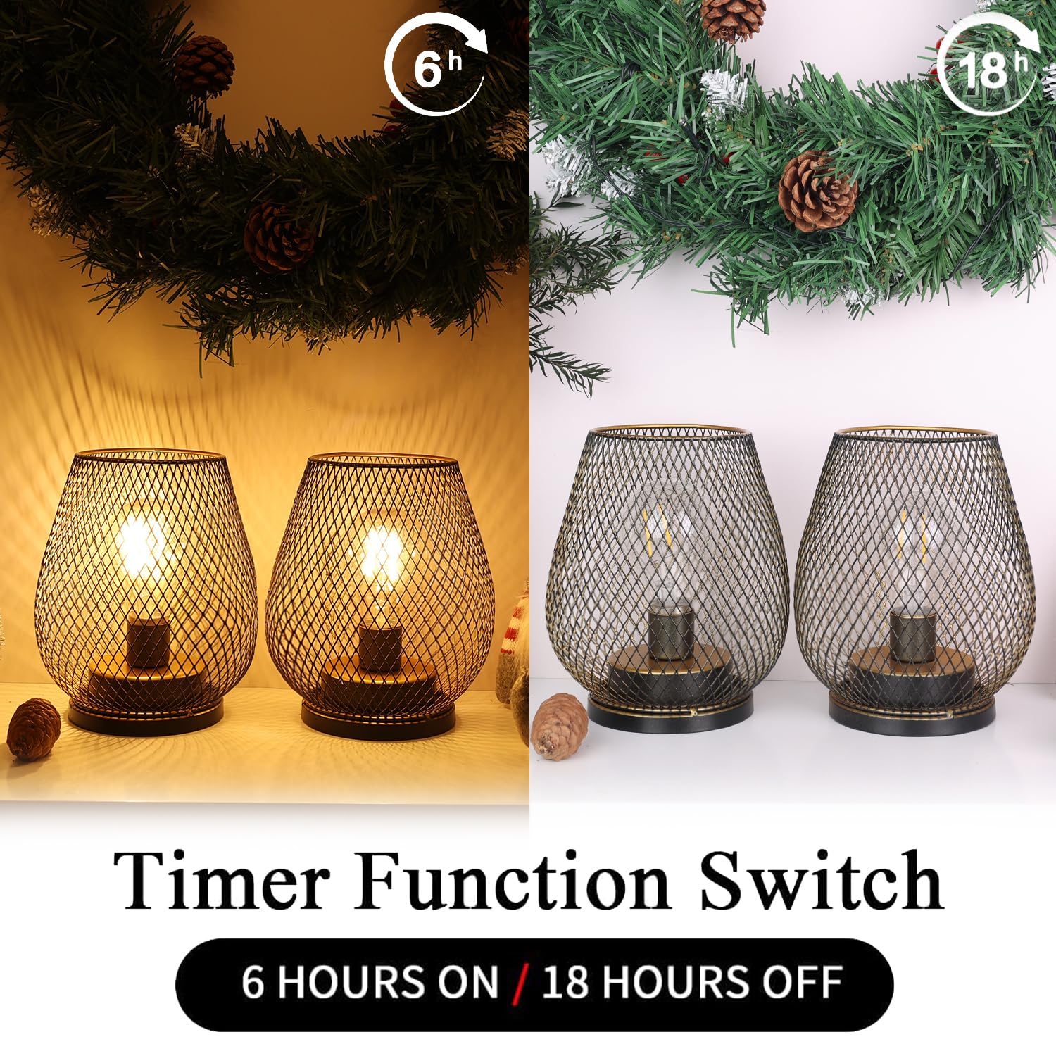 NEEDOMO Set of 6 Battery Operated Outdoor Lanterns, Vintage LED Metal Cage, Timer Mode, Bronze, Model NDCL-1147