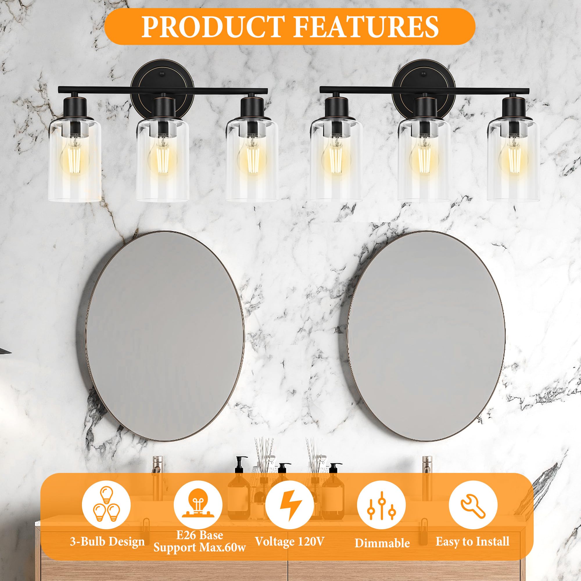 Faymart 3-Light Oil Rubbed Bronze Bathroom Vanity Light Fixture Over Mirror, Glass & Metal