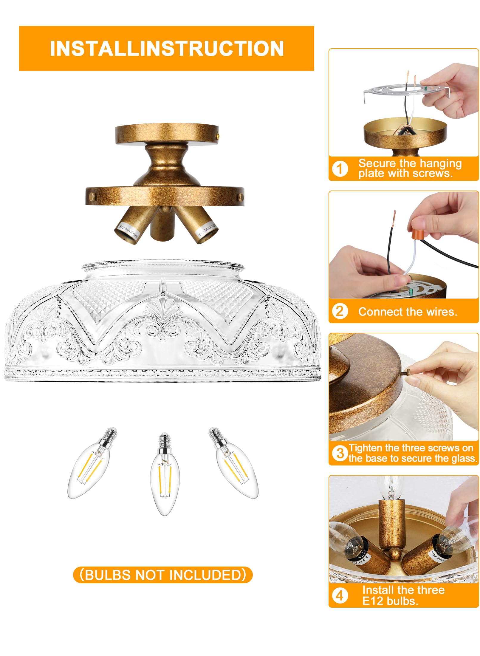 Slypadan 12 Inch Copper Semi Flush Mount Ceiling Light Fixture, 3-Light Globe for Kitchen, Bathroom, Dining Room - Model 3011C-3OG-1PUS