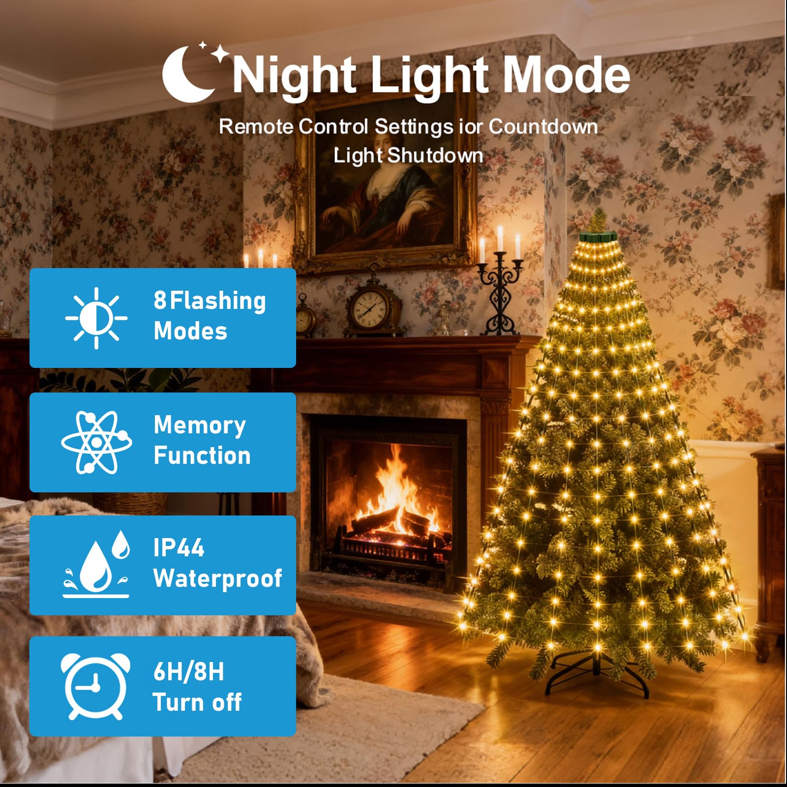 AHAWILL 240-LED Waterproof String Lights with Star Topper, 8 Light Modes, Warm Color, Model HCP152