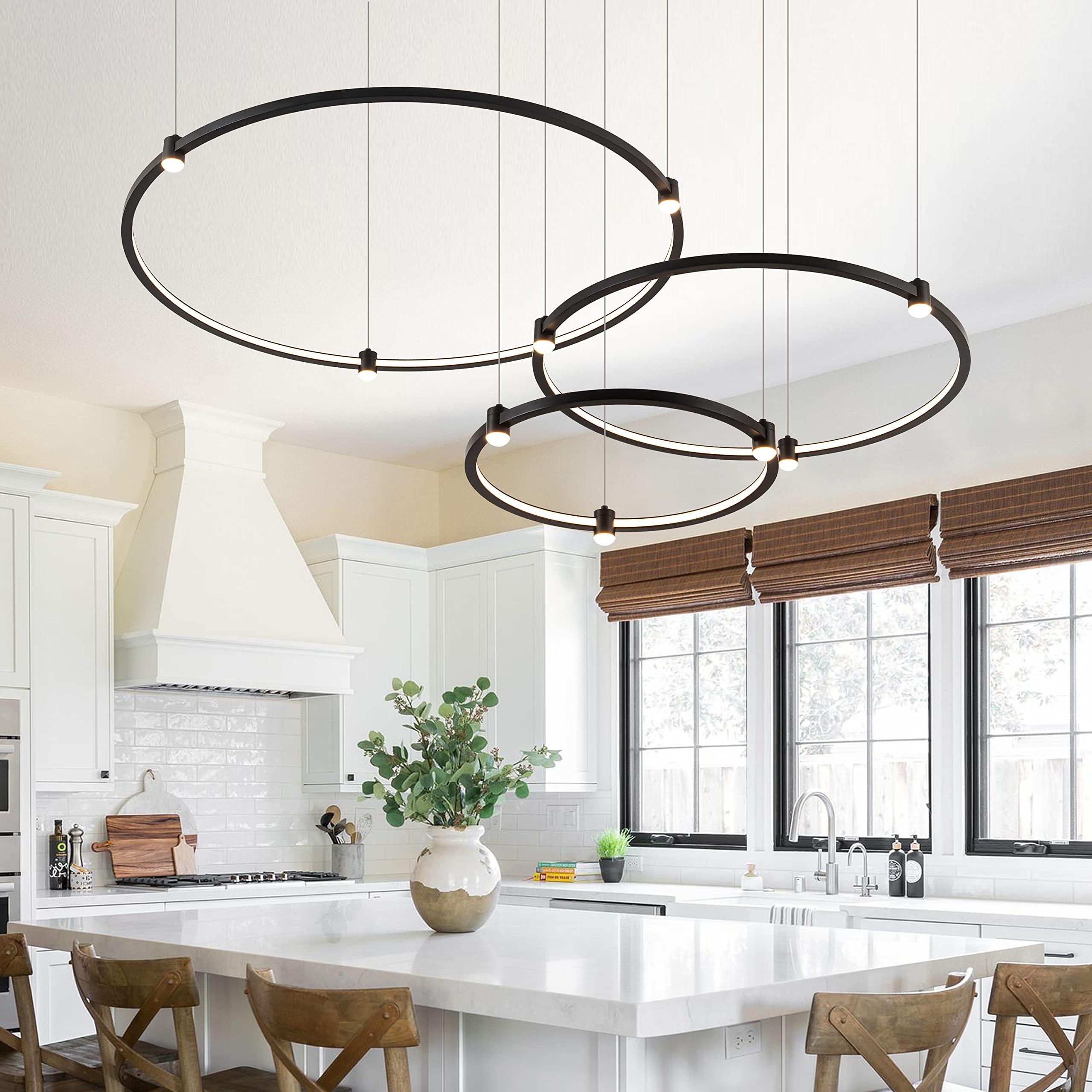 SUNMOO Modern LED Chandelier Pendant Light, 3-Rings Dimmable Aluminum, 3000K-6000K, Black for Kitchen Island, Dining Room, Office