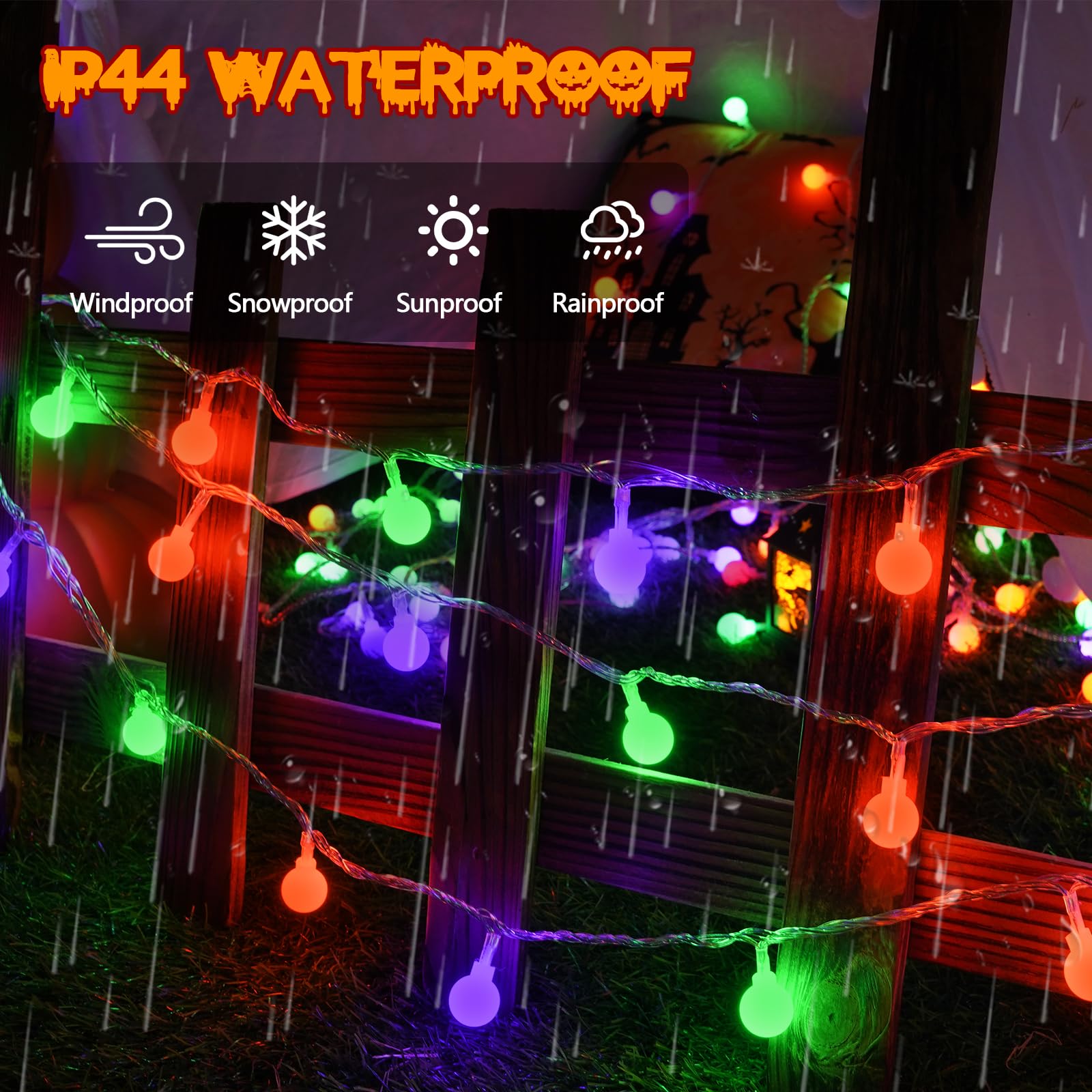 LORRYTE 100 LED Connectable Globe String Lights - 43FT, Waterproof, Timer, 13 Modes, Orange Purple Green, Halloween Indoor Outdoor Decor
