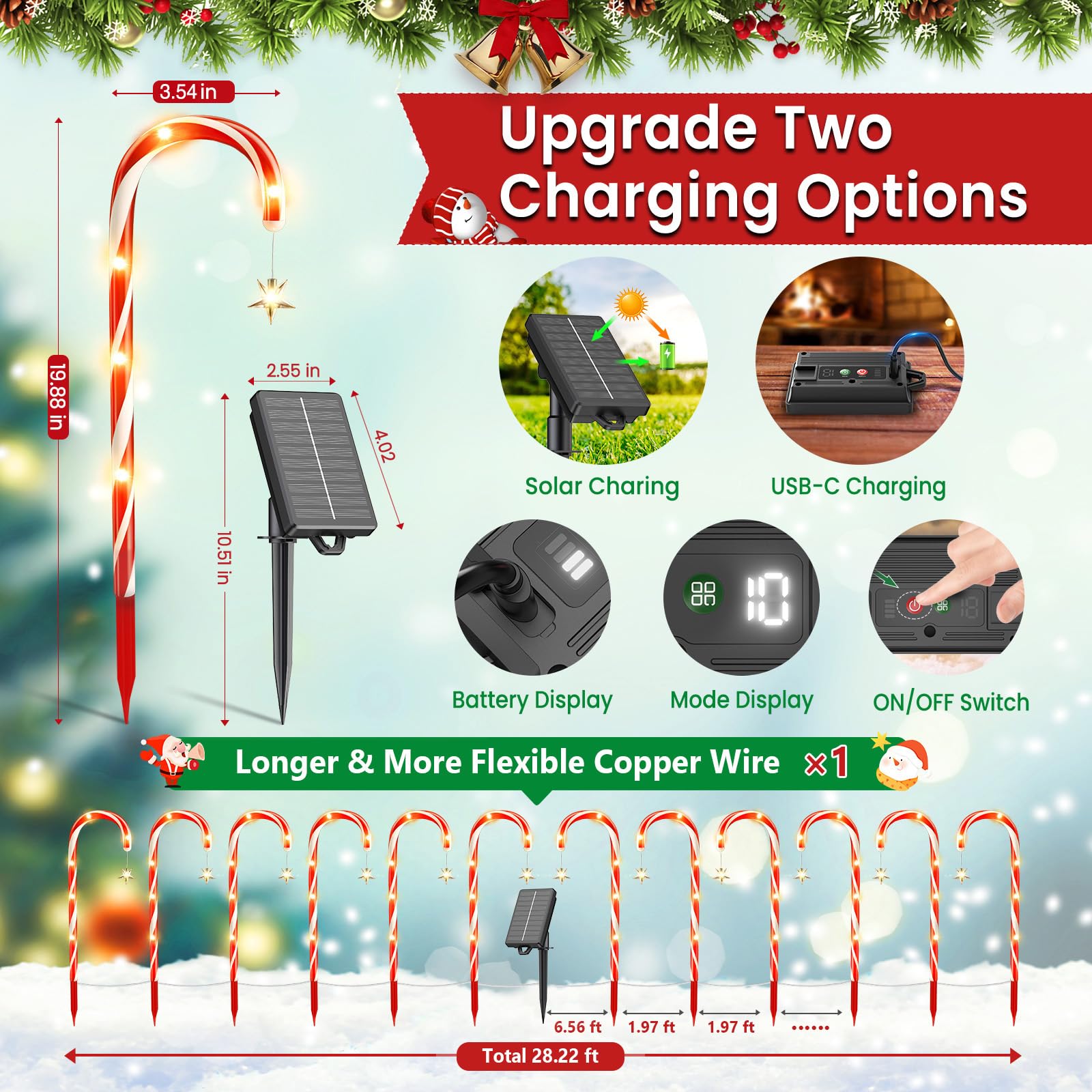 Wdtpro Outdoor Christmas Decoration, 12 Pack 28.3Ft Solar Powered 72 Led Christmas Candy Cane Lights With Stakes, 10 Lighting Mo