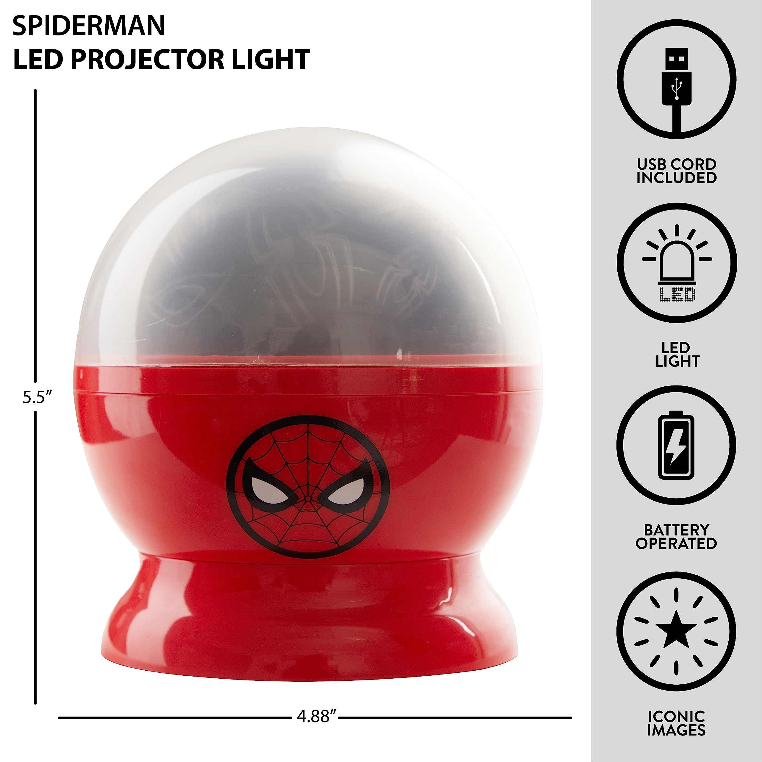 Idea Nuova Spiderman Rotating LED Projection Lamp - 4.88"x4.88"x5.5", Plastic Nightlight for Kids, Model N201590