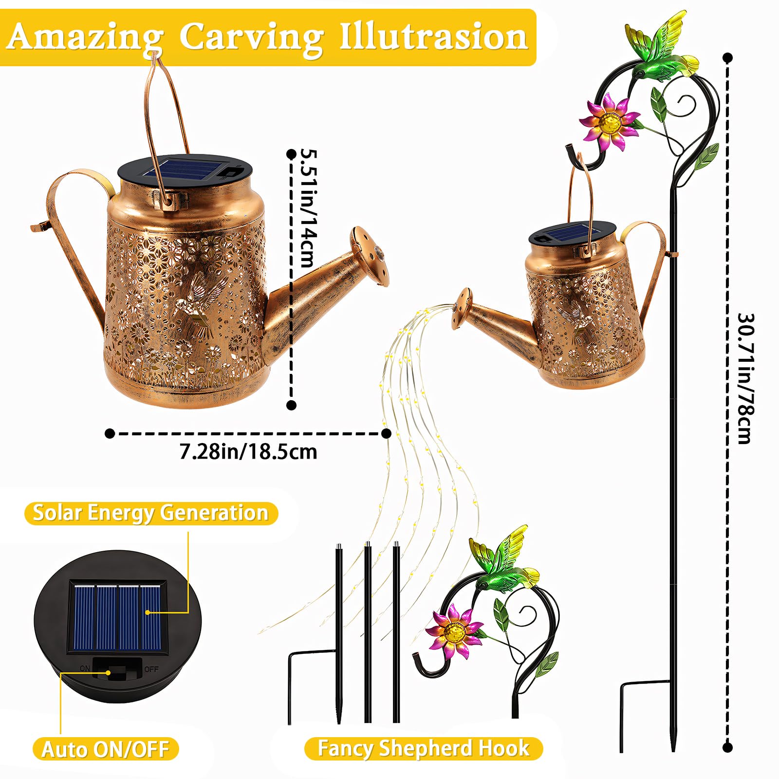 yulloyello Solar Watering Can Lights, Hummingbird Design, Metal, Waterproof Garden Decor, Model XSH6546