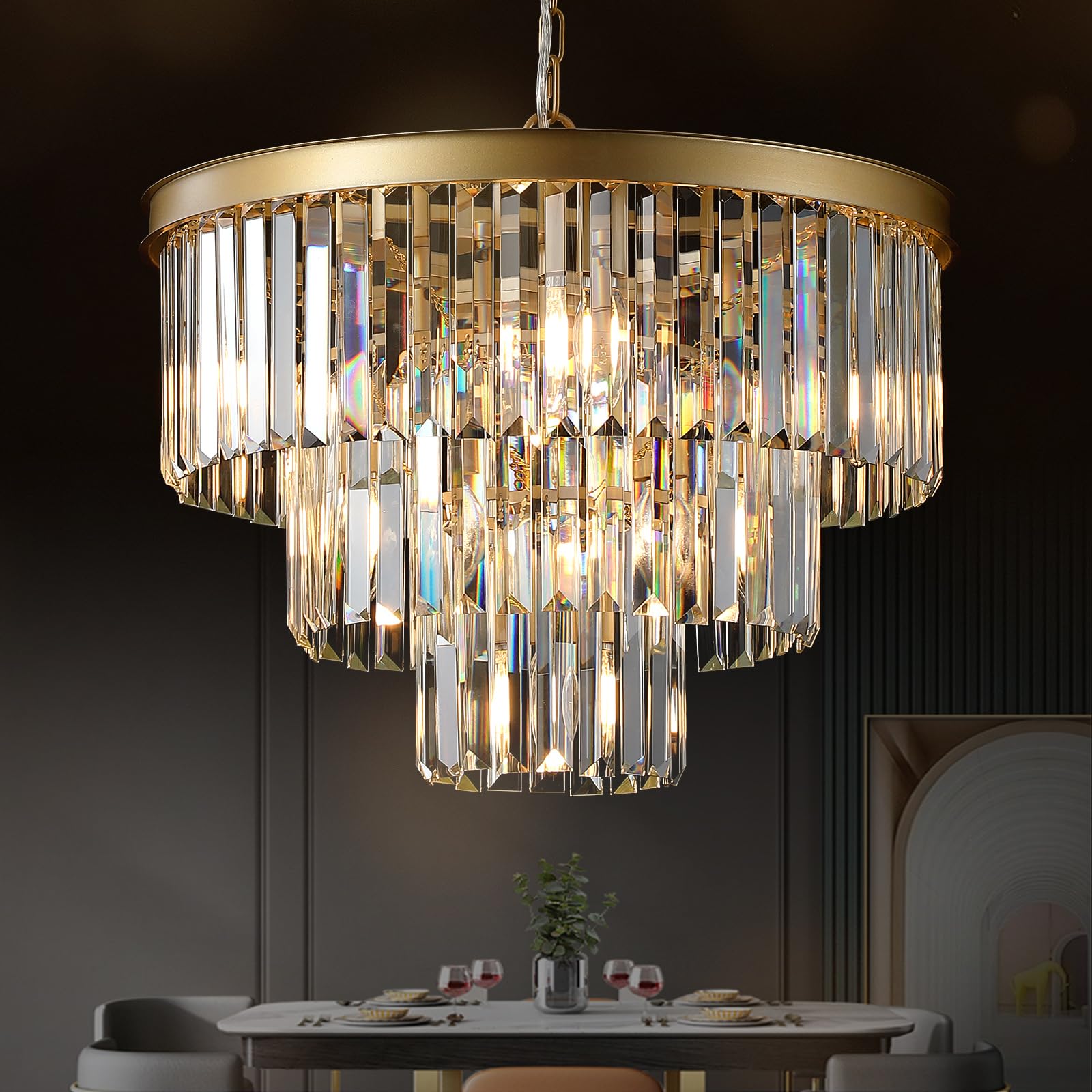 MERINEA Gold Crystal Chandeliers Modern Round 20 Chandelier 7 Lights Ceiling Pendant Light Fixture Elegant 3-Tier K9 Crystal Lighting for Living Room Dining Room Bedroom Kitchen Foyer