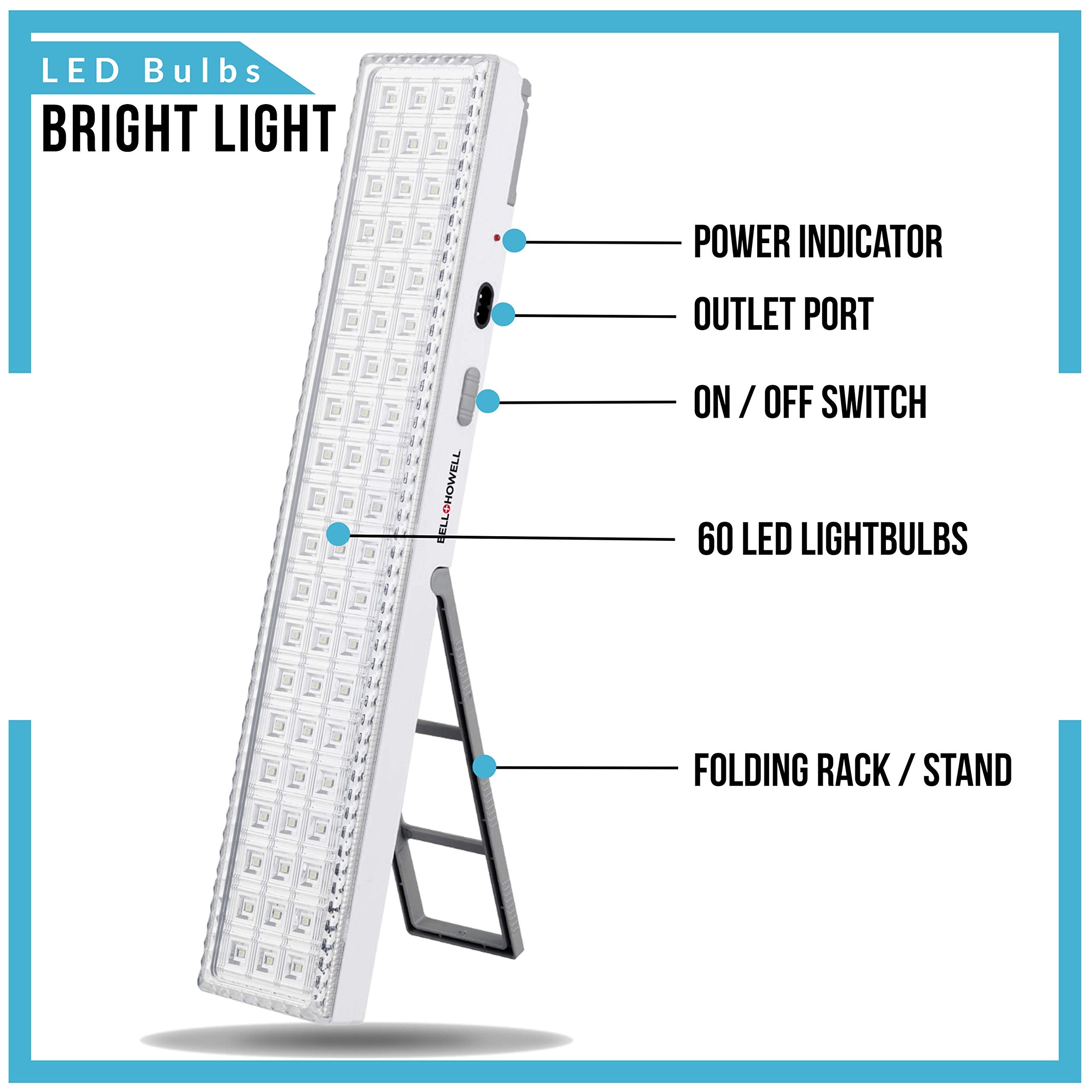 Bell+Howell Light Bar 16.5-Inches, 720-Lumens, Built-In 60-Led Bulbs, Rechargeable Portable Lamp With Folding Stand And Hanger As Seen On Tv, White