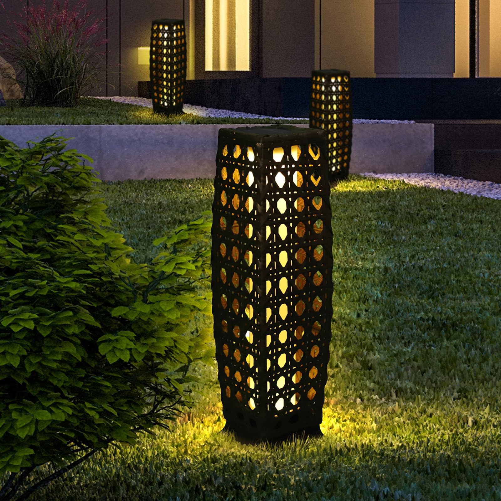 Solar Floor Lamp, Outdoor Floor Lamp Lanterns Outdoor Waterproof, Solar Powered Resin Wicker Lamp, Weather-Resistant Rattan Deck