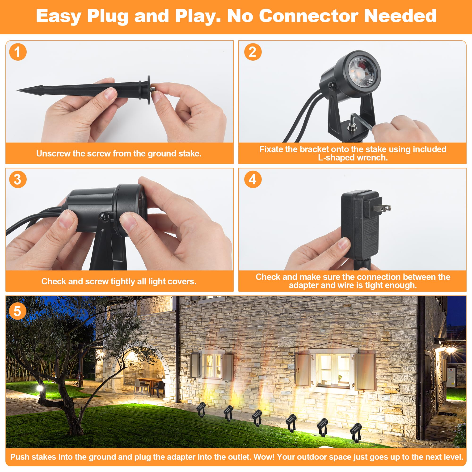 NEWKAZ Outdoor LED Spot Lights, 18W 1800LM, IP65 Waterproof, 6-Light Pack, Warm White 3000K, Black, Low Voltage Landscape Lighting