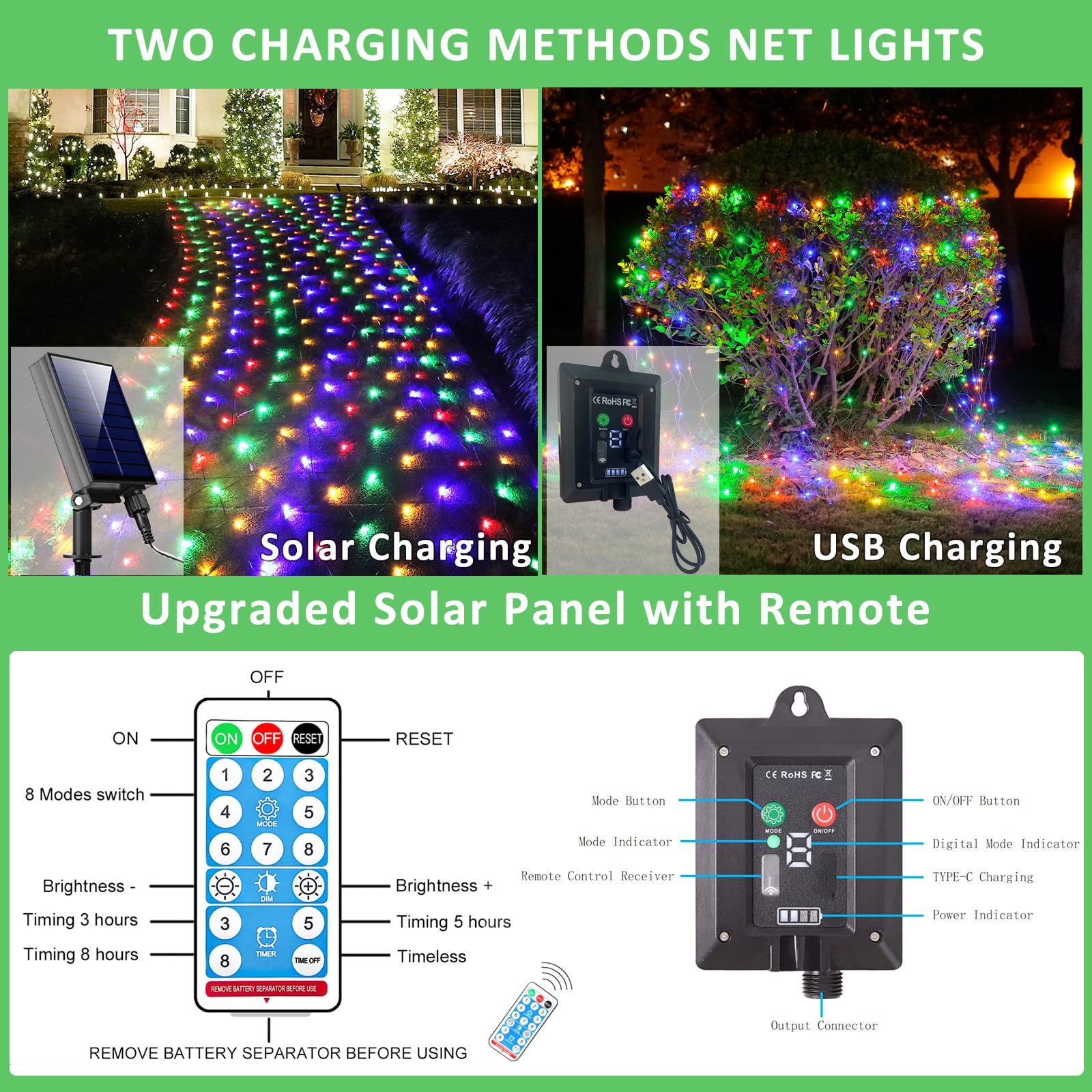 FunNite Solar Net Lights - 240 LED Waterproof String Lights, 11.5ft x 5ft, Multicolor, Remote Control, 8 Modes for Outdoor/Indoor Decor