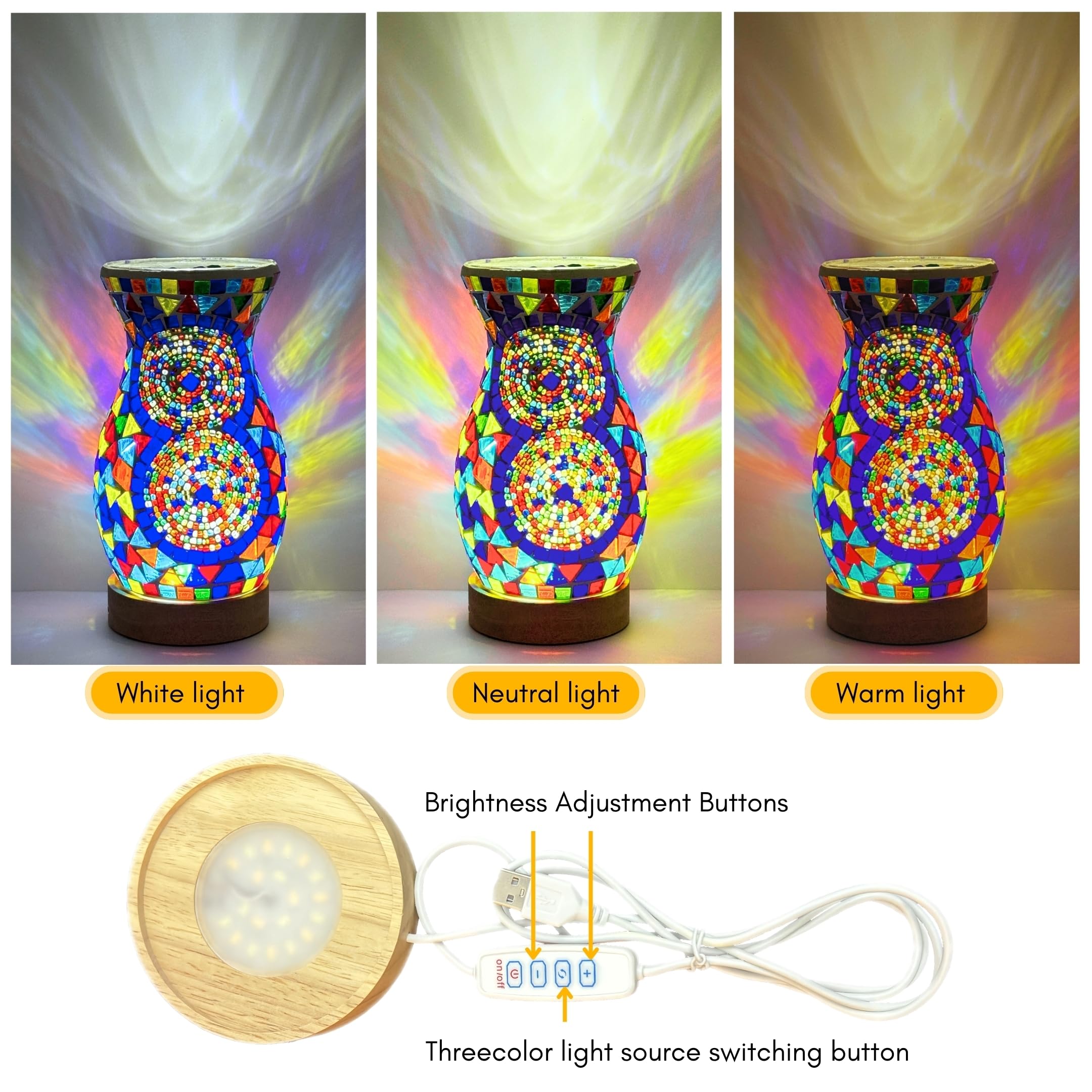Jaitaik Mosaic Vase Lamp, Turkish Moroccan Table Lamp, Colorful Handmade Glass Vase, Water-Fillable, Vase, Decorative Lamp, Thre