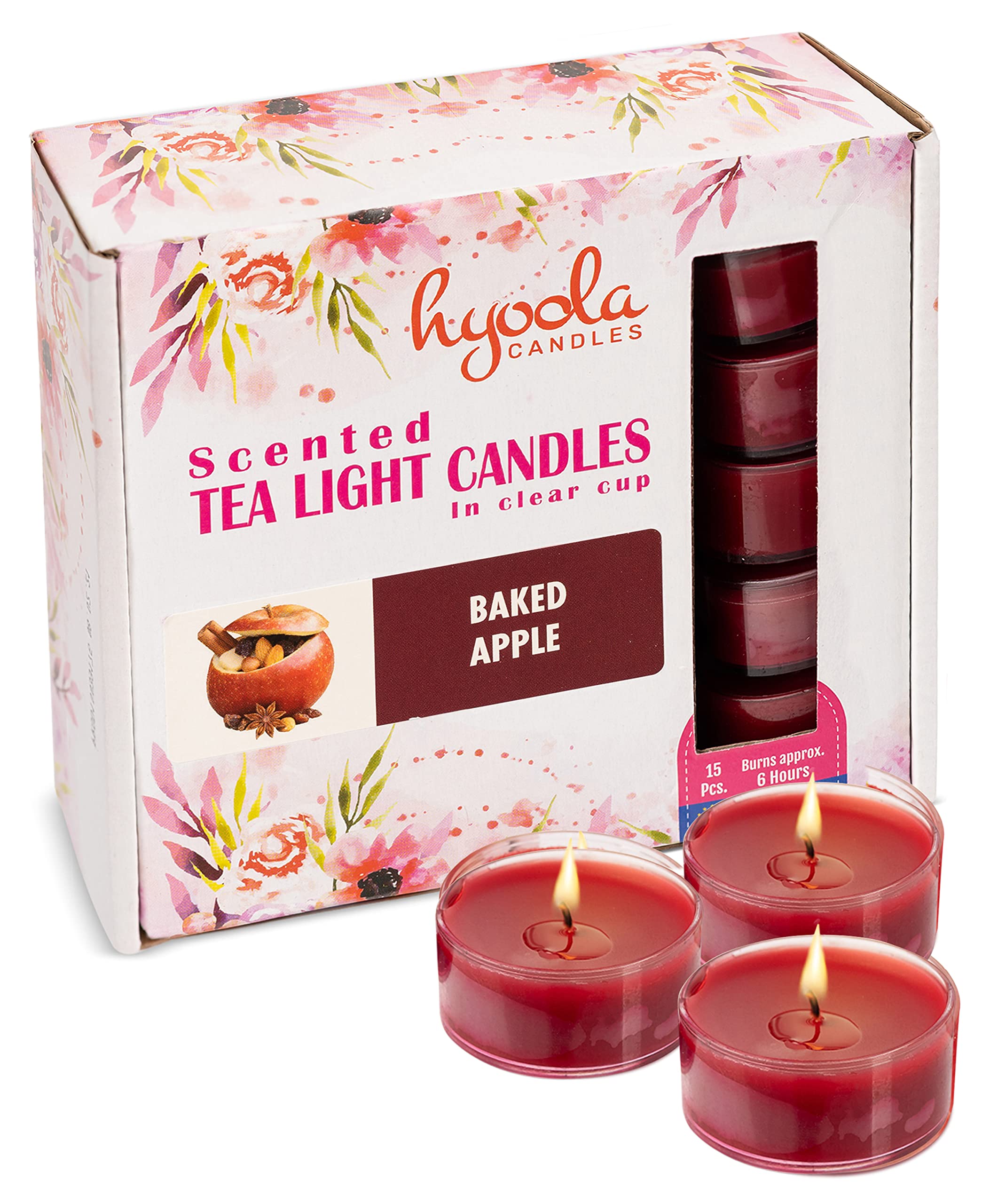 HYOOLA Scented Tealight Candles - Clear Cup - Apple Cinnamon Tealight Candles Scented - 6 Hour Burn Time - 15 Pack - European Made