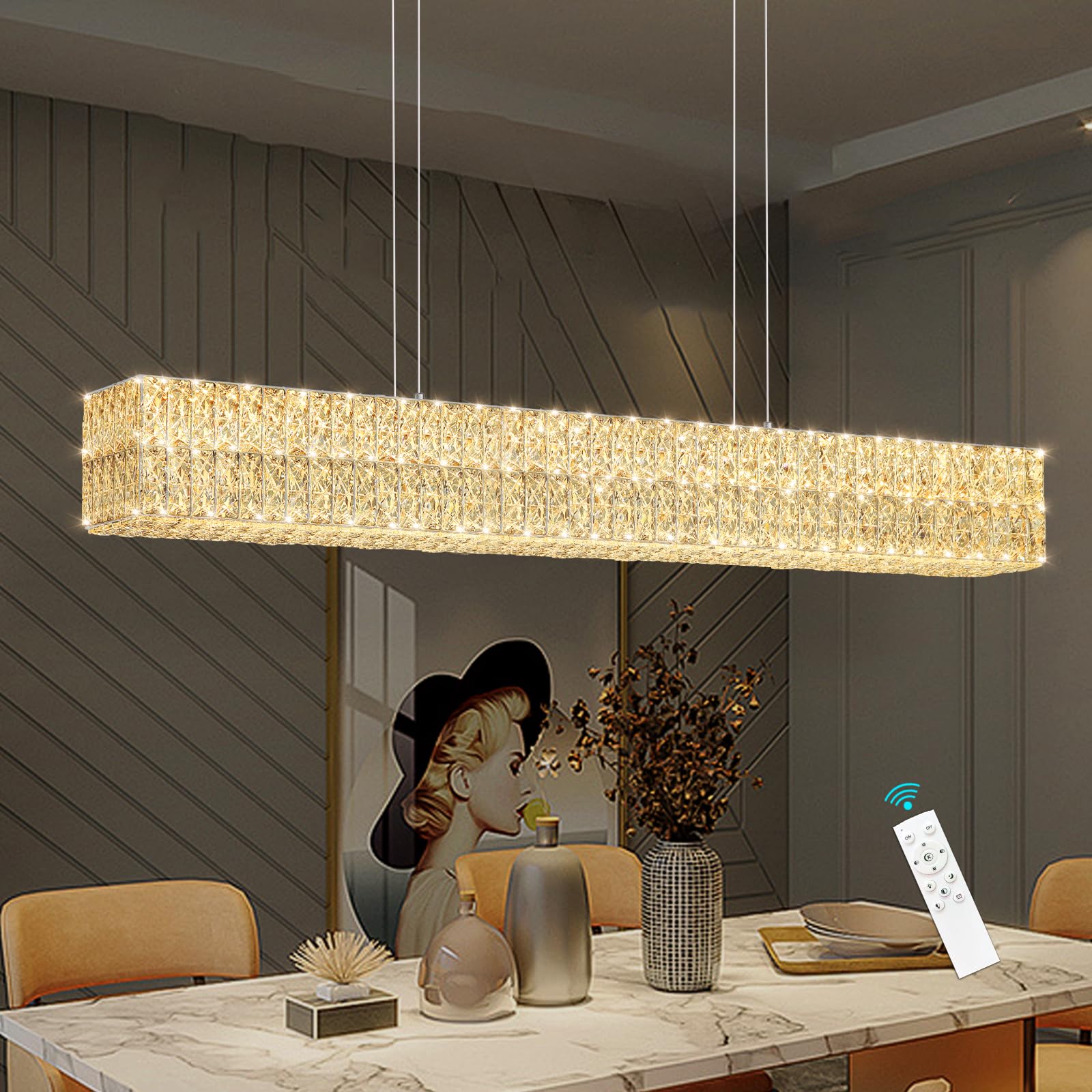YLKP Rectangular Crystal Chandelier with Dimmable LED Lights Dining Room Remote Ceiling Pendants Lighting Fixtures for Kitchen Island Sliver
