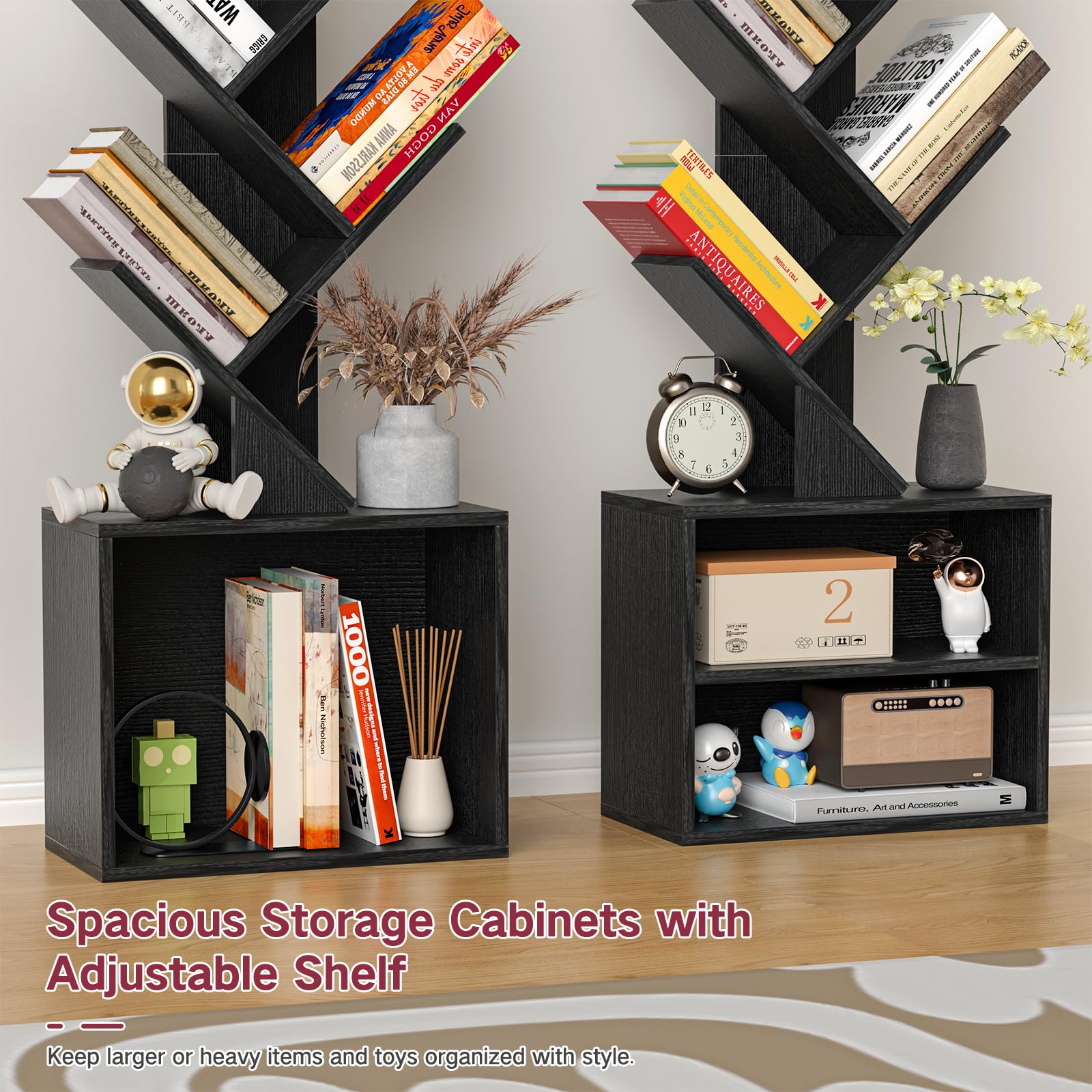 OUTONLIFE 9 Tier Tree Bookshelf with Light, Engineered Wood, 62.8in H x 14.6in L x 7.9in W, Black, Model