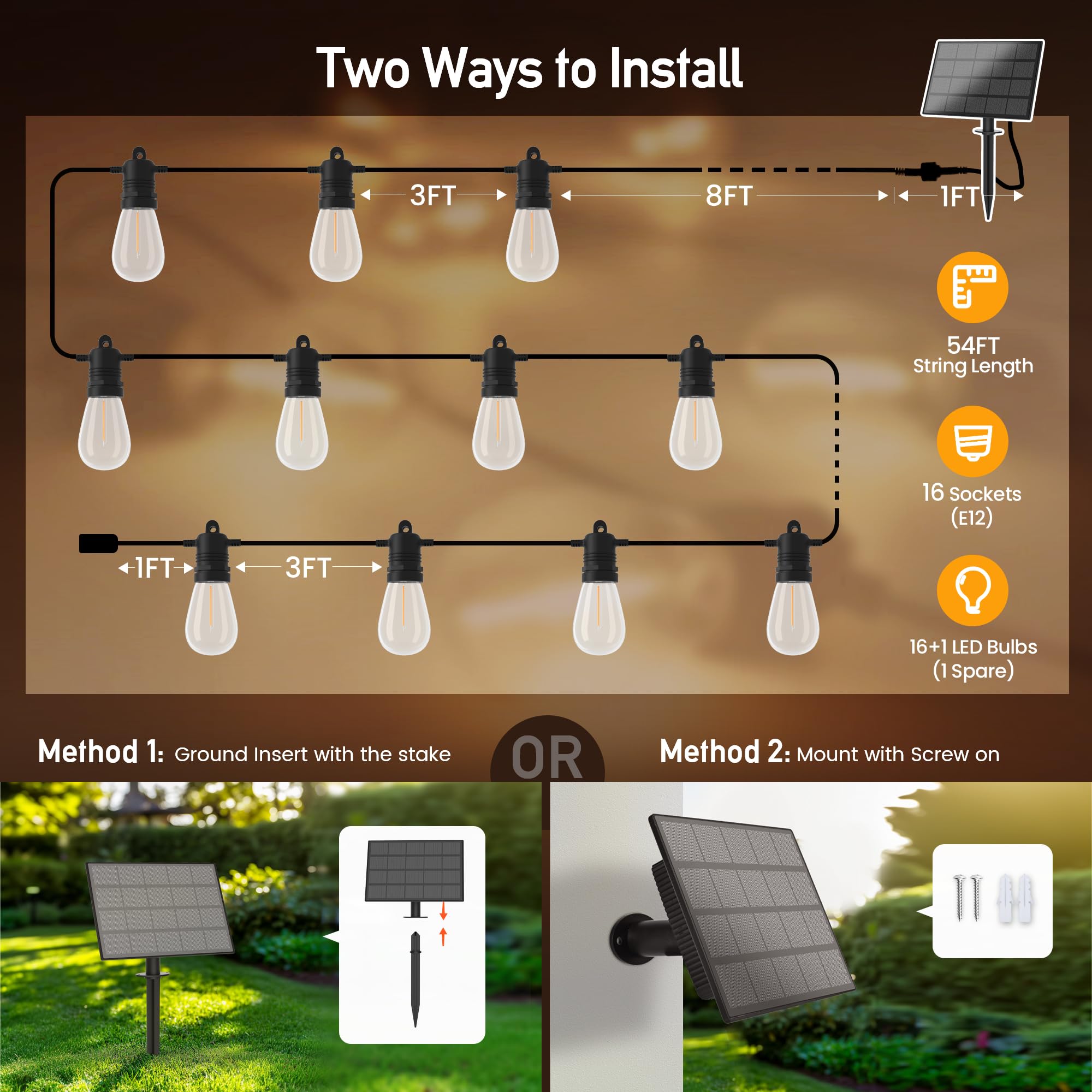 AUBVERC Solar String Lights 54 FT 16 Sockets Waterproof USB Charge Remote Control Black Model 10101