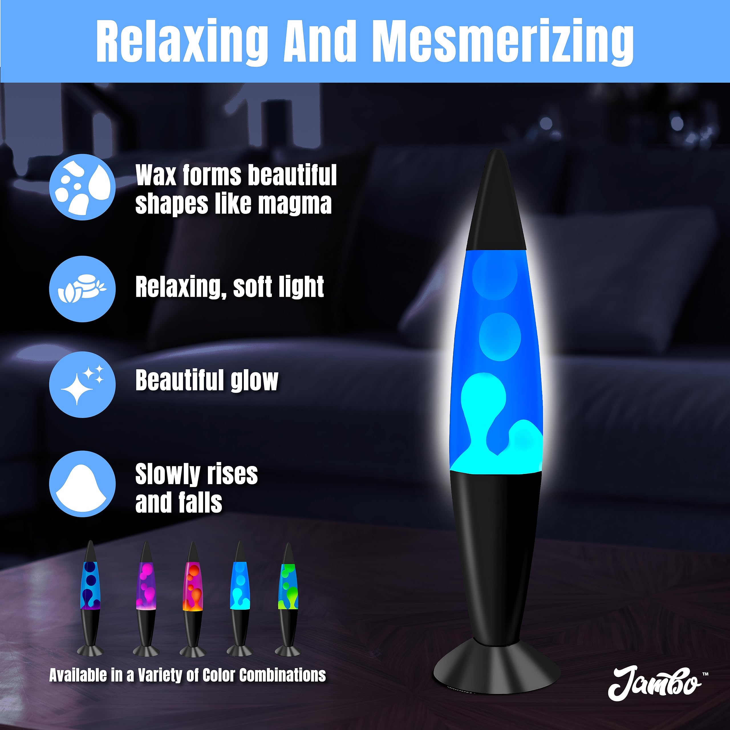 JAMBO 16in Liquid Lamp - Blue with White Wax, Black Base, Model 58000, Relaxing Night Light for Home Decor