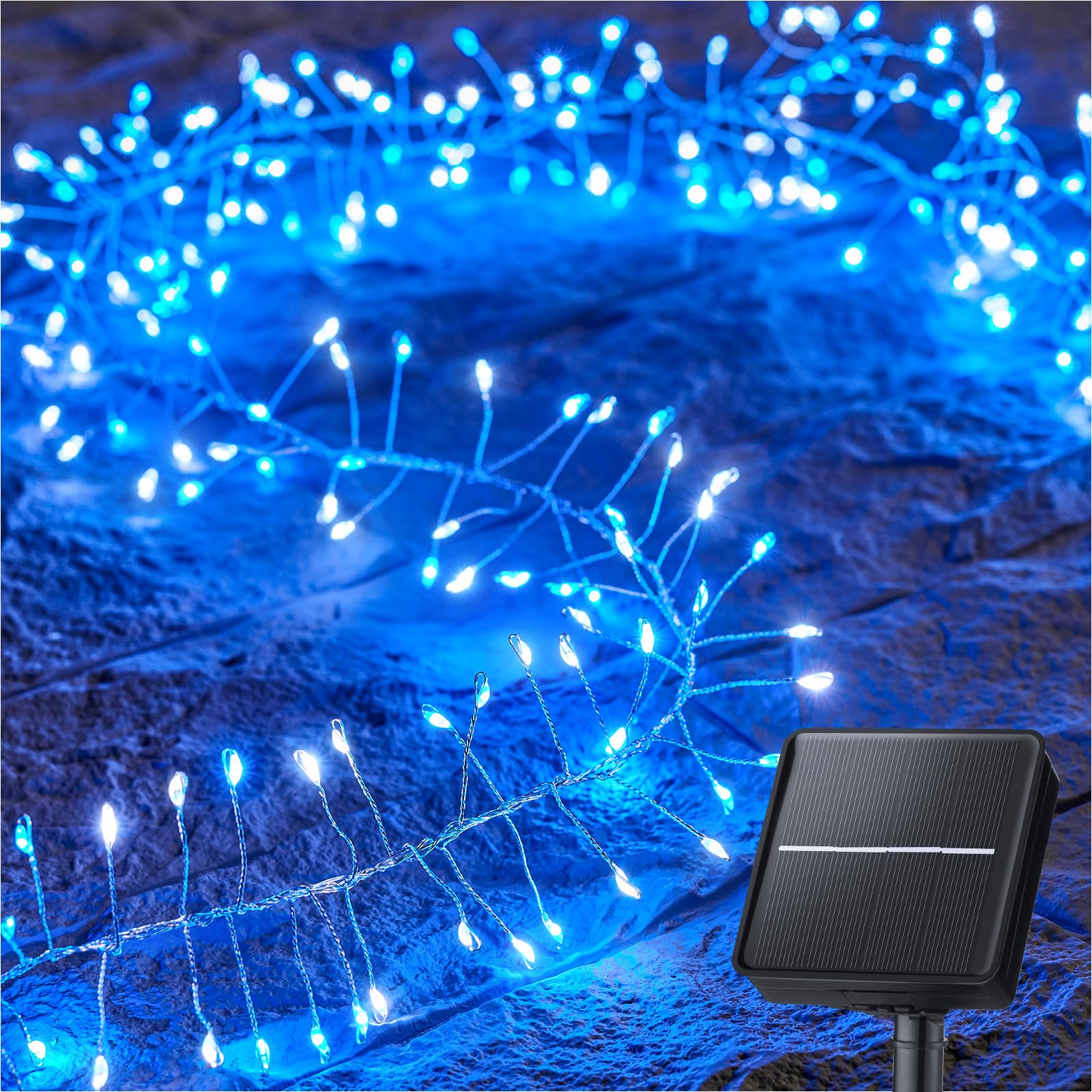 Minetom Solar String Lights, 240 LED, 19.6Ft, Blue and White, 8 Modes, Fire er Design for Outdoor Decor, Model MT-19.6-240D