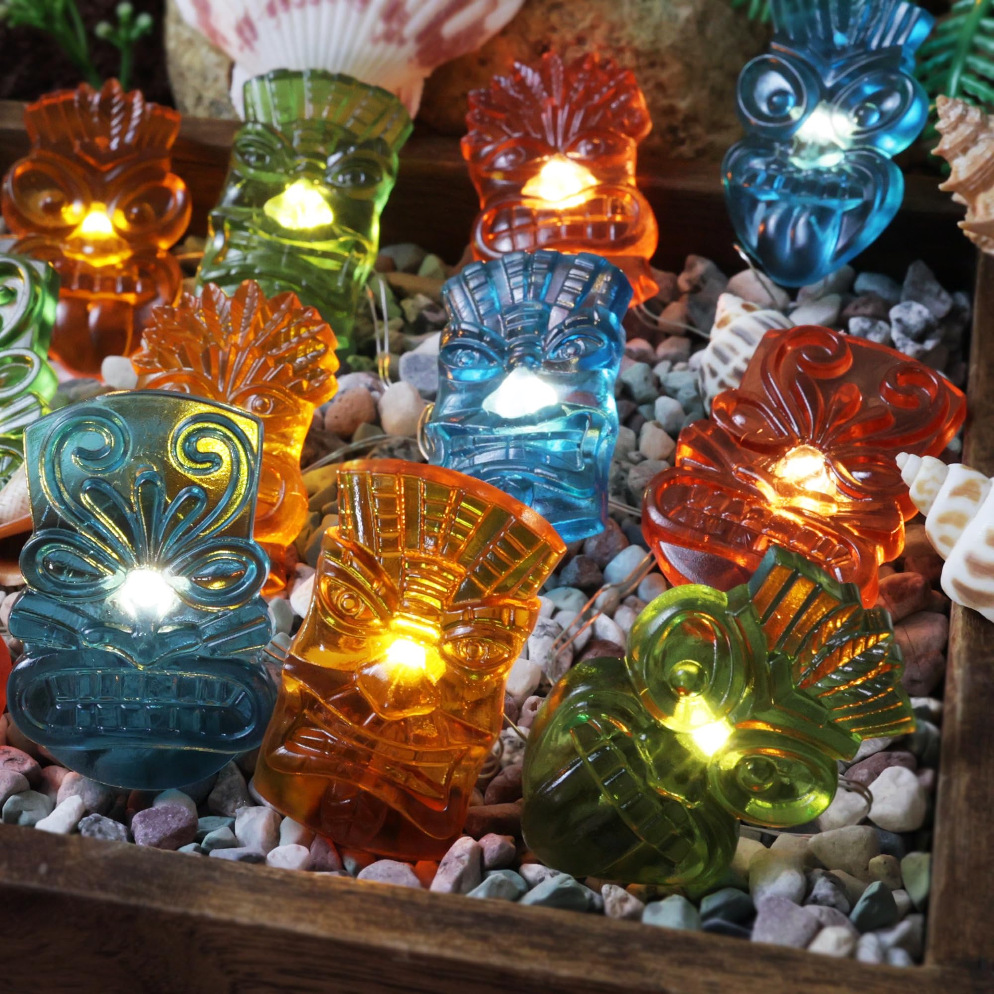 Tiki Mask String Lights Outdoor Waterproof 7FT 20PCS, Tropical Hawaiian Luau Party Lights Battery Operated LED with Remote Contr
