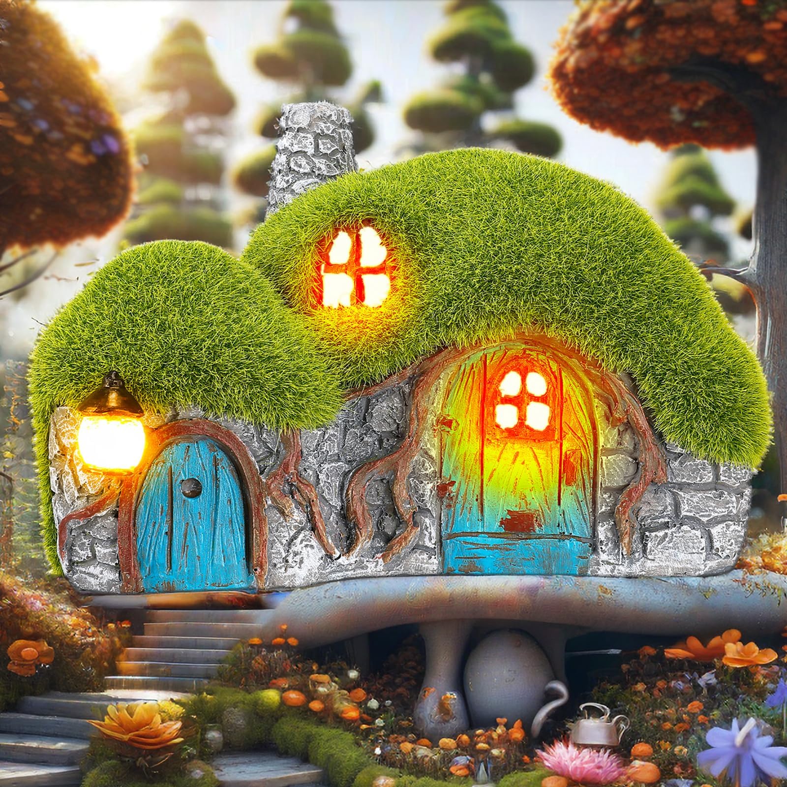 Darkdec Outdoor Figurine Lights - Solar Garden House Statue, Multicolor Resin, Perfect for Home or Yard Decor