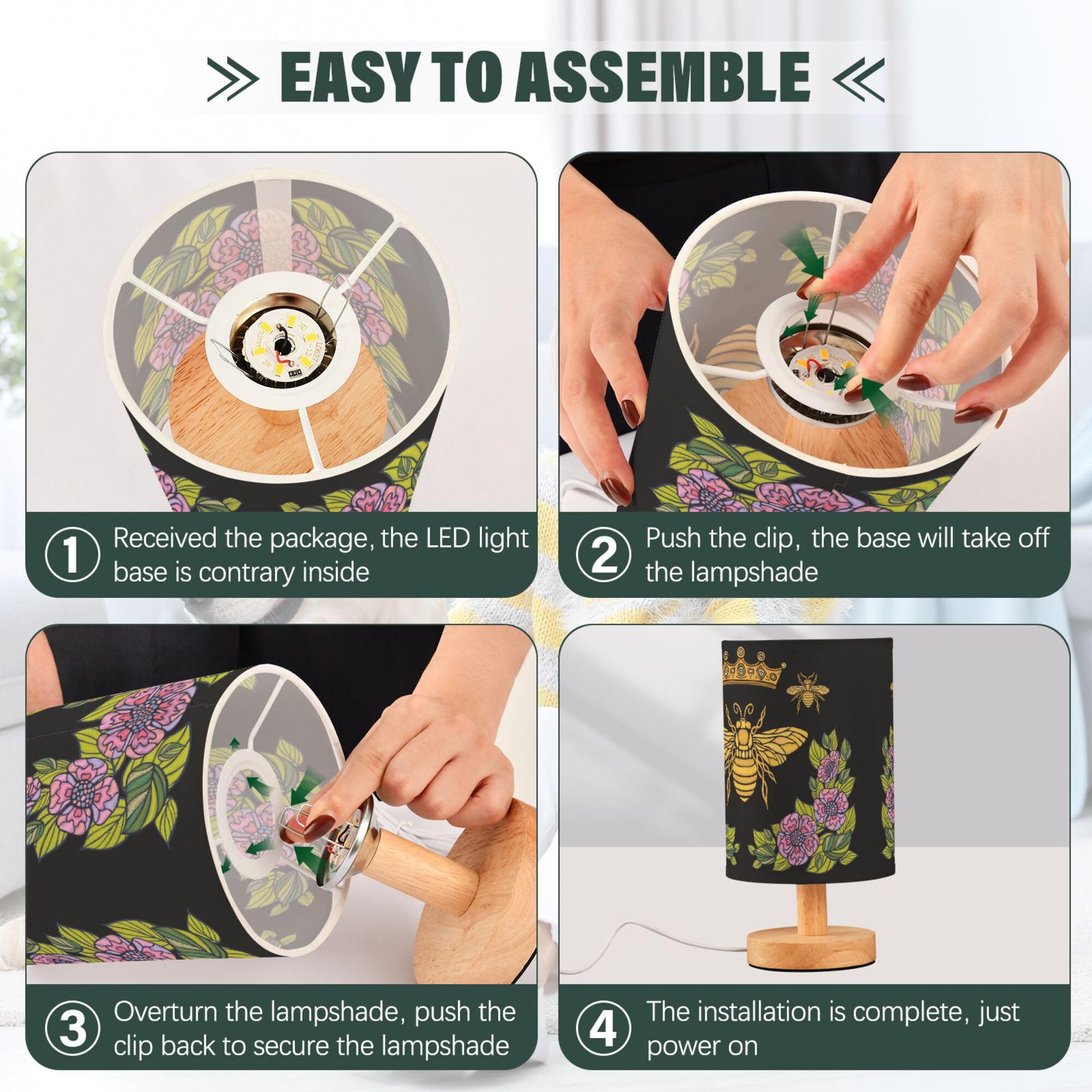 Yyzzh Table Lamp Honey Queen Bee Bumblebee Crown Flower Floral Wreath Nightstand Lamp With Wood Base Fabric Lamp Shade Bedside D