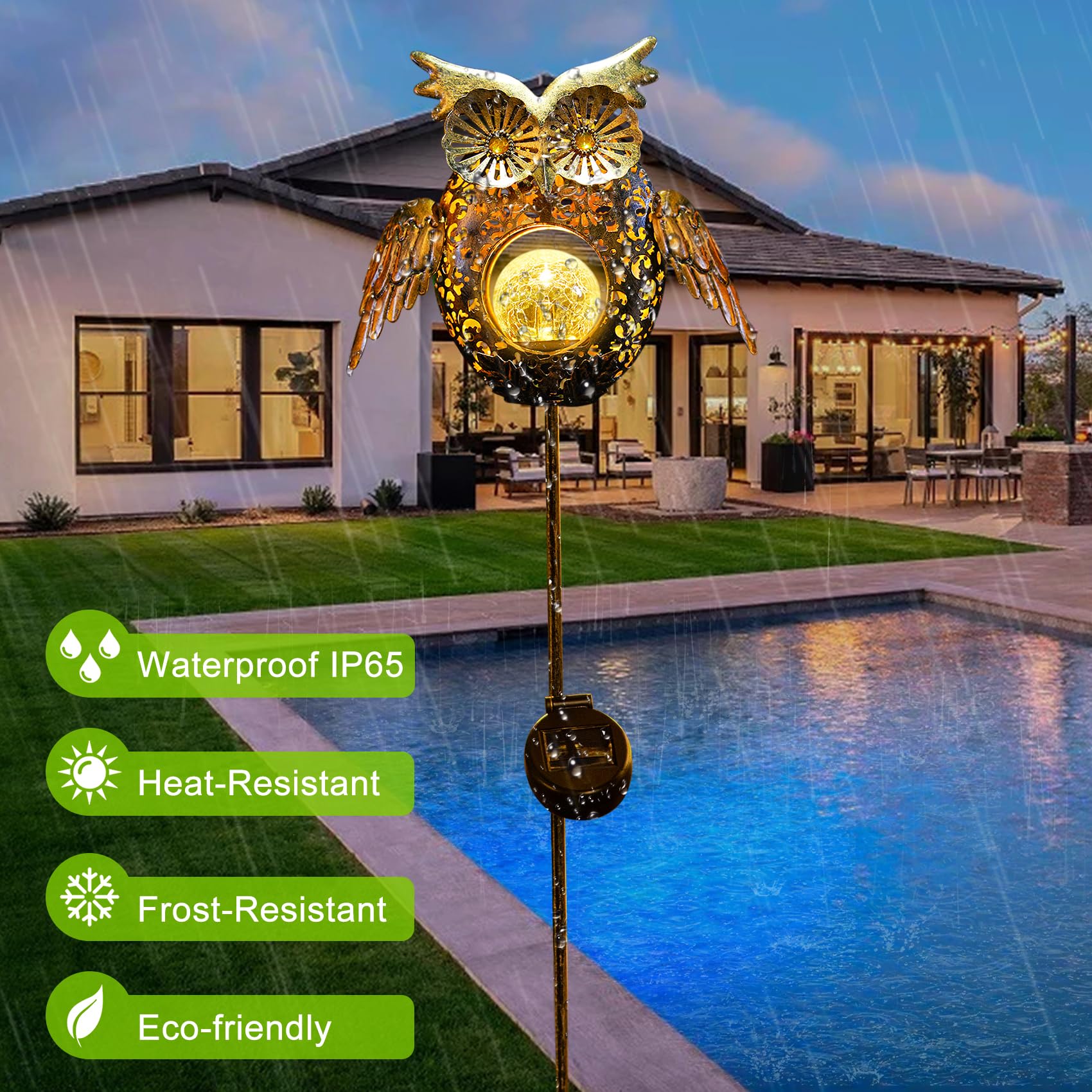 Go2Garden Solar Lights Outdoor Owl Decorative Metal Stakes Lights Crackle Glass Light For Lawn, Yard Art, Pathway, Patio Decorations,Birthday Mothers' Day Gift For Mom Dad Grandma (Bronze)
