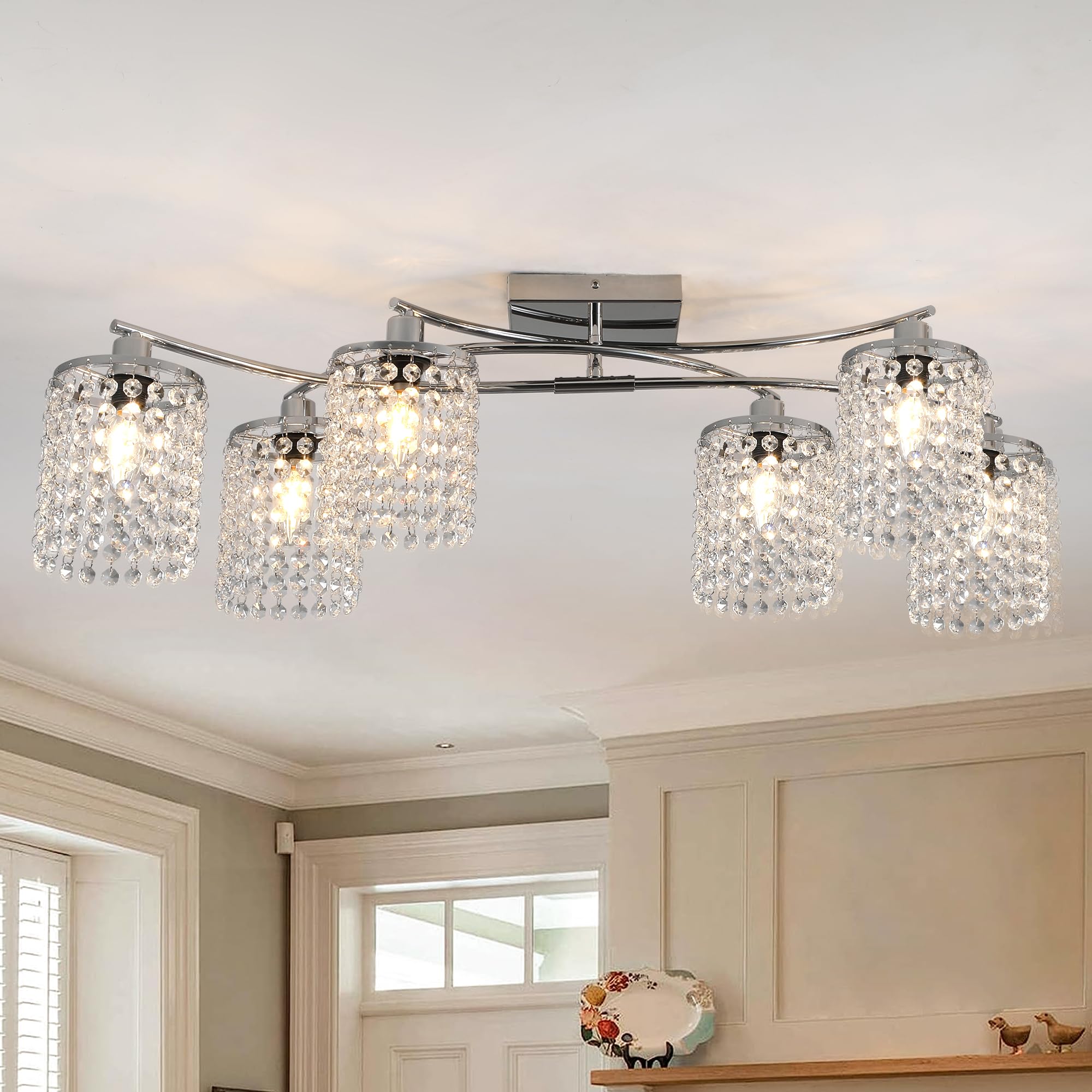 Garwarm 35'' Semi Flush Mount Ceiling Light, 6 Lights Modern Crystal Chandeliers, Dining Room Light Fixture Kitchen Lighting Fix