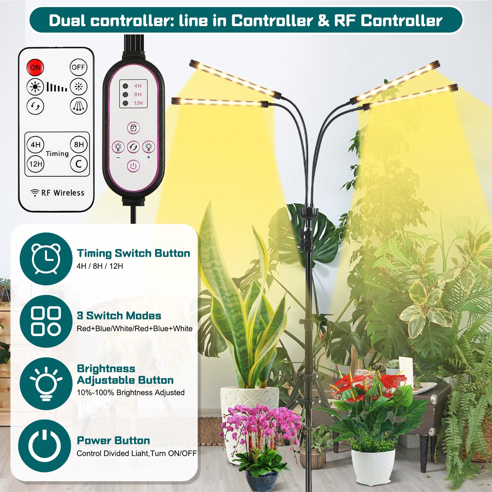 yentbokj Full Spectrum Grow Lights for Indoor Plants, Adjustable Tripod Stand, Timer & Remote Control, 15-63 inches