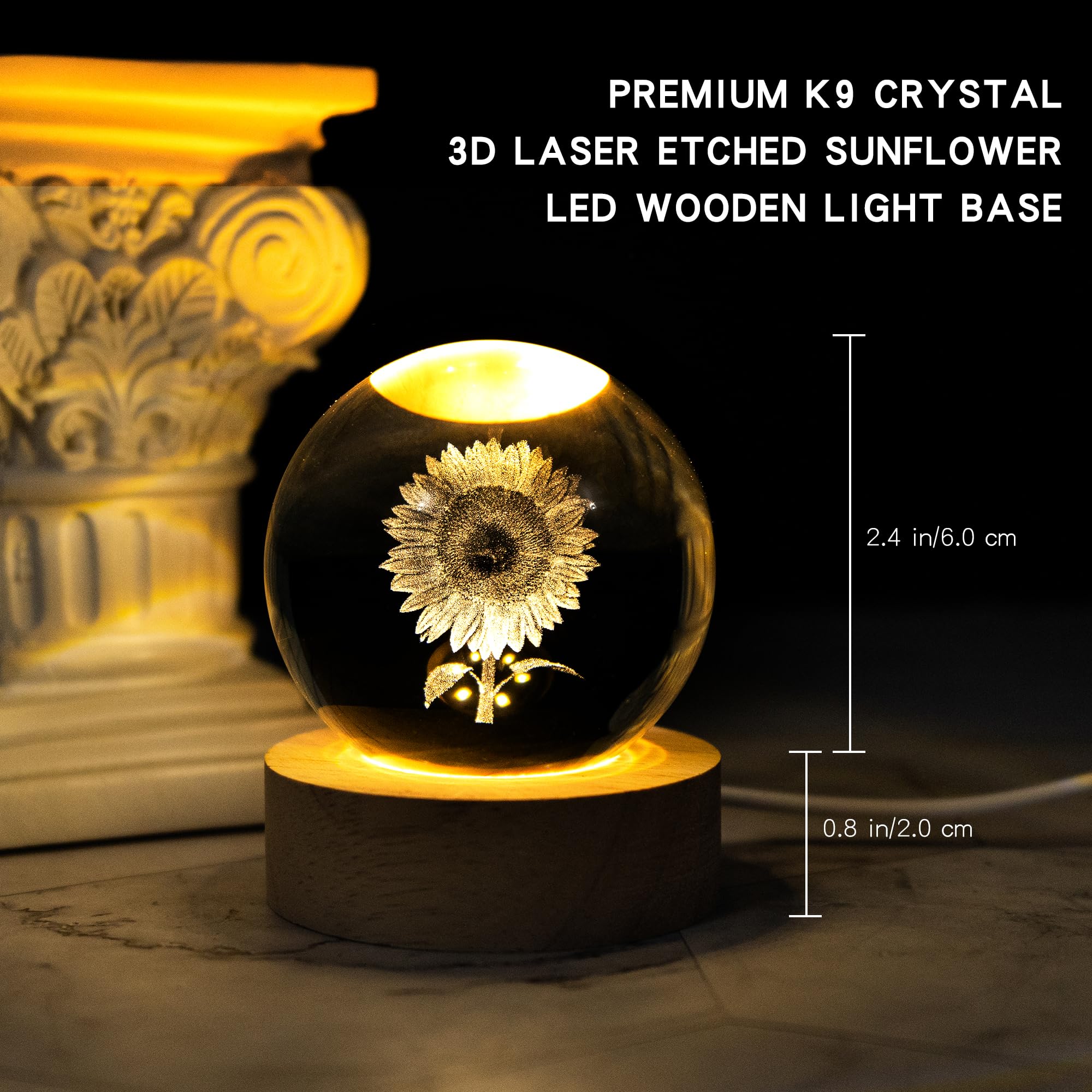Qianchang 3D Laser Etched Sunflower Crystal Ball With Stand, 60Mm Glass Sphere Lamp Night Light, Sunflower Figurine Decor Glass