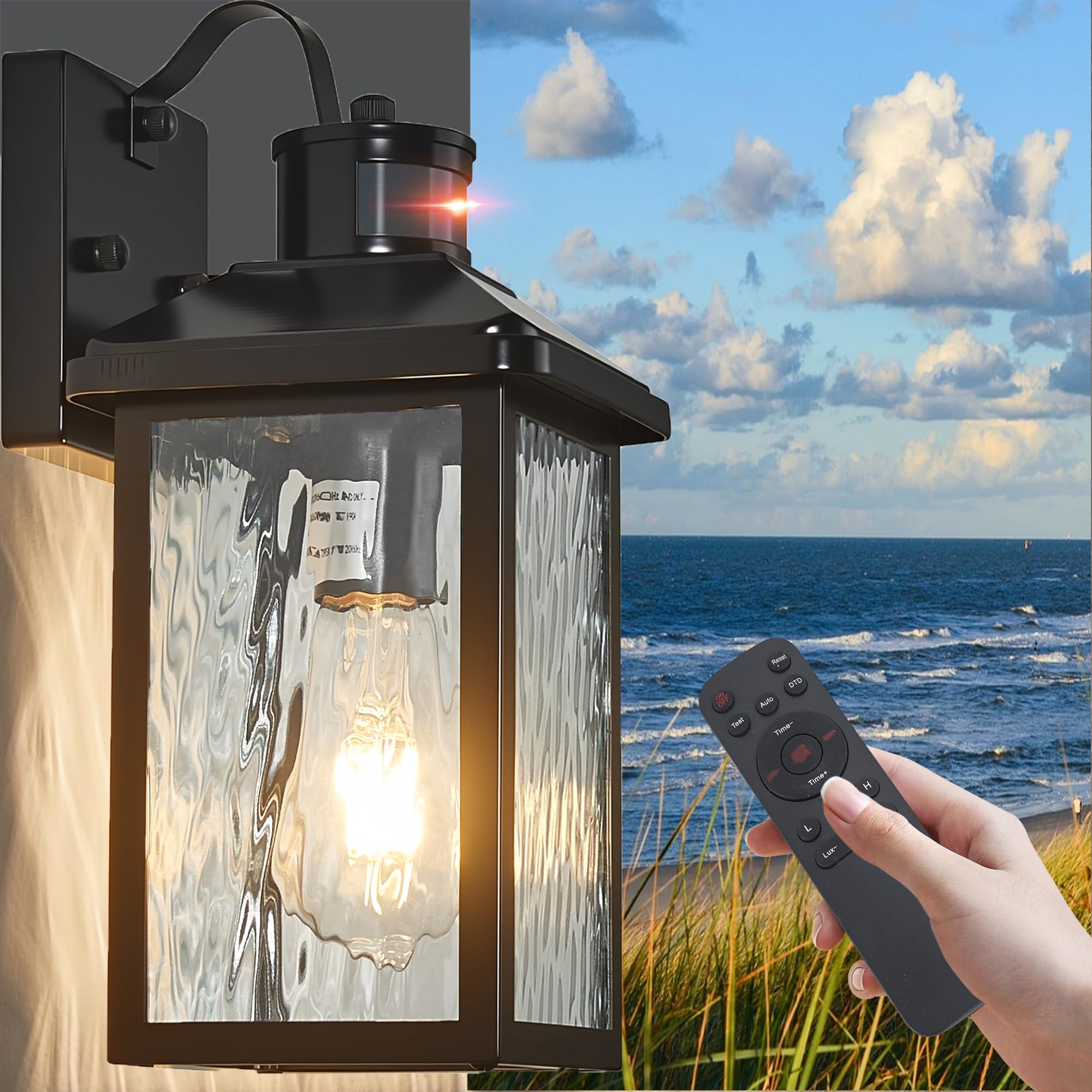 Hebangya Outdoor Porch Lights with Remote Control, Motion Sensor, 4 Lighting Modes, 1 Pack, Black, Model H2015-1B-RW
