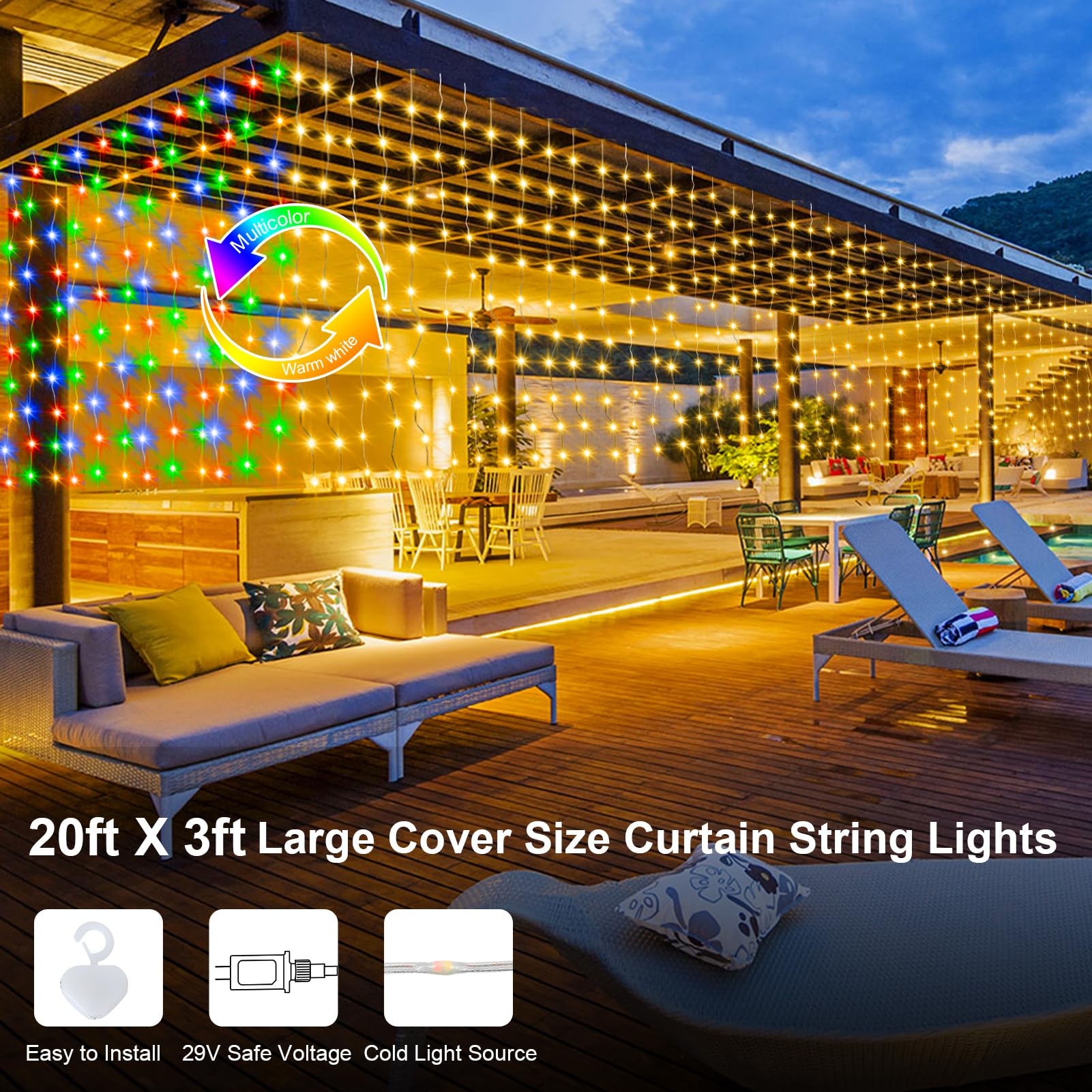 ZAIYW Outdoor Curtain Lights, 300 LED Color Changing, 20Ft x 3Ft, Waterproof String Lights for Stair Railing & Eaves Decor