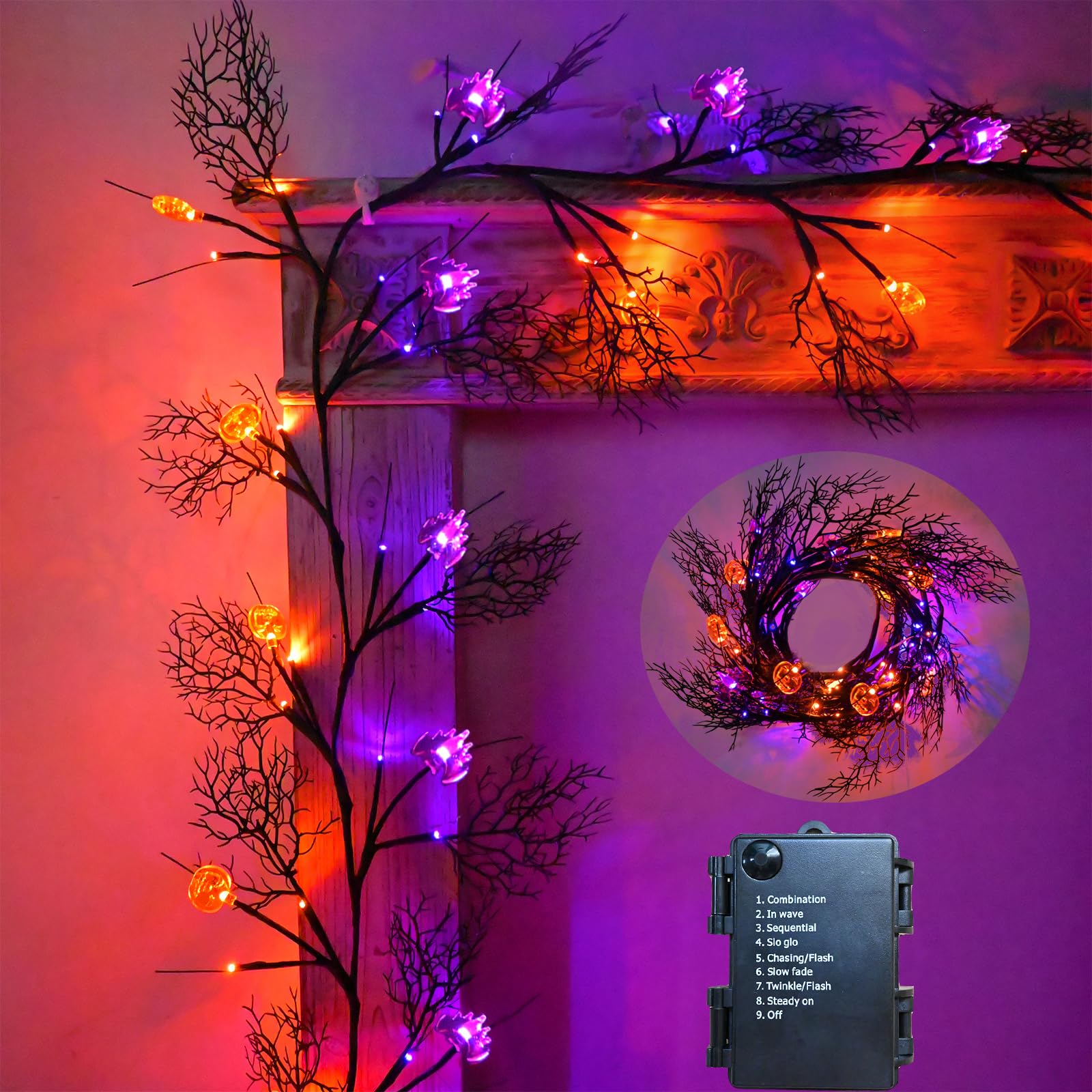 PALONMY Halloween Decor Lights 8.86FT 72 LED Willow Vine Twig with Timer Battery Operated Garland Lights with Orange Pumpkins Pu