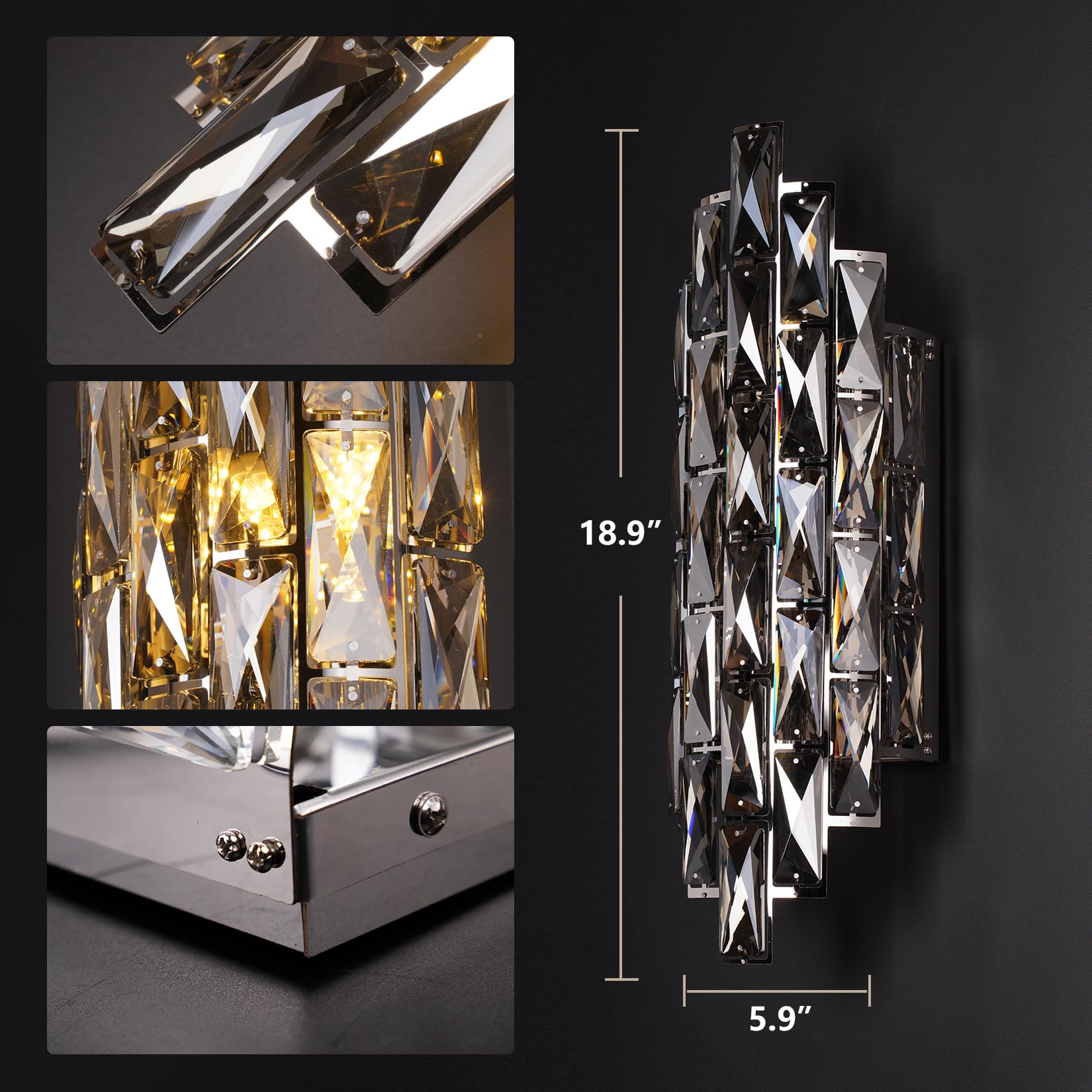 Kaiyuan Crystal Wall Sconce, Smoky Gray Light Fixture for Bedroom, Bathroom, Living Room