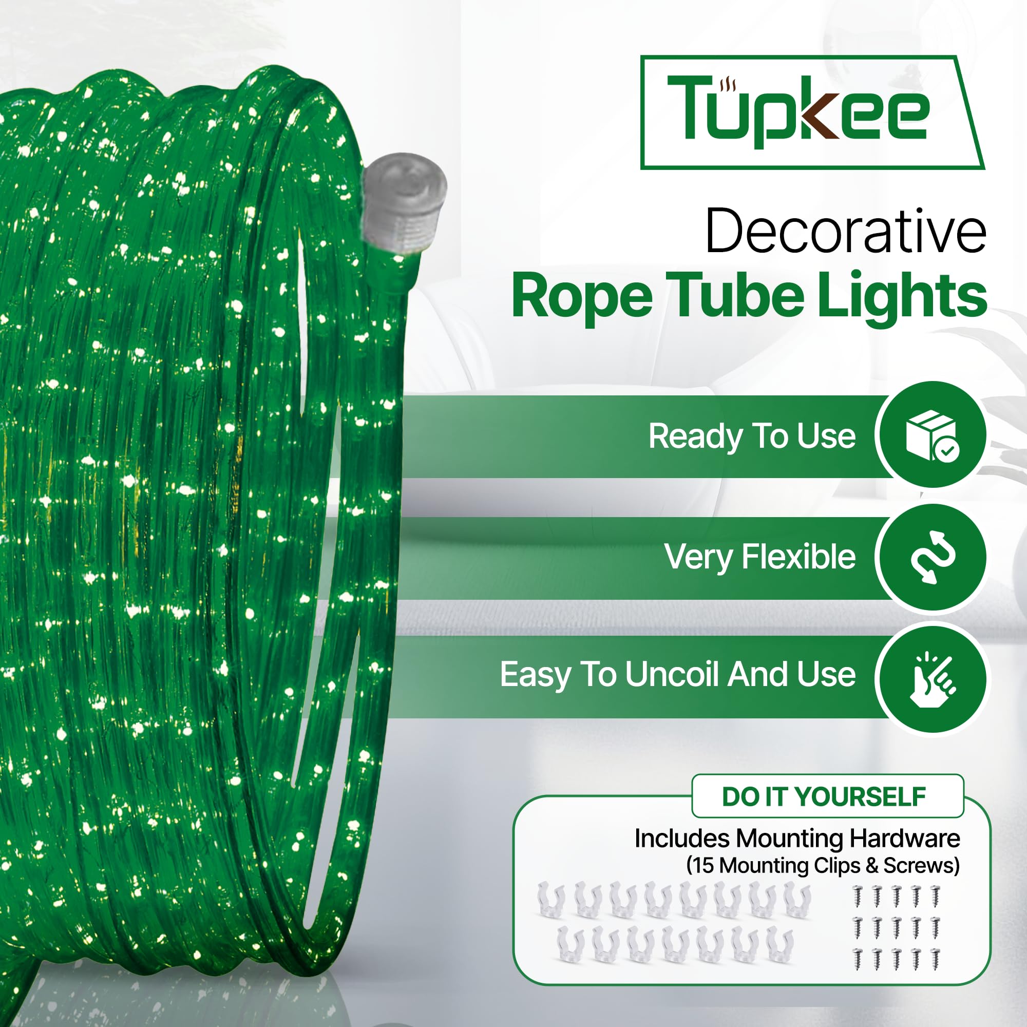Tupkee 24ft Green LED Rope Light - Indoor/Outdoor Use, 10mm Diameter, 144 Long Life Bulbs, Perfect for Decoration and Lighting