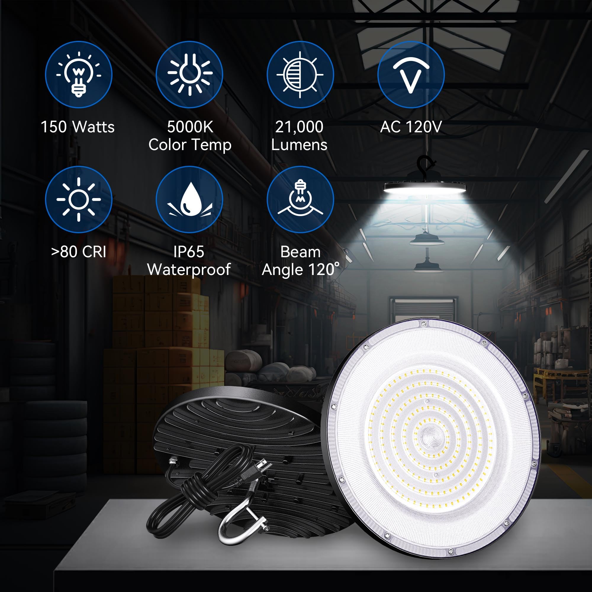 6 Pack Ufo Led High Bay Light 150W(600W Mh/Hps Equiv.), 21000Lm, 5000K High Bay Led Lights With 5' Cable Us Hook, Ip65 Waterproo